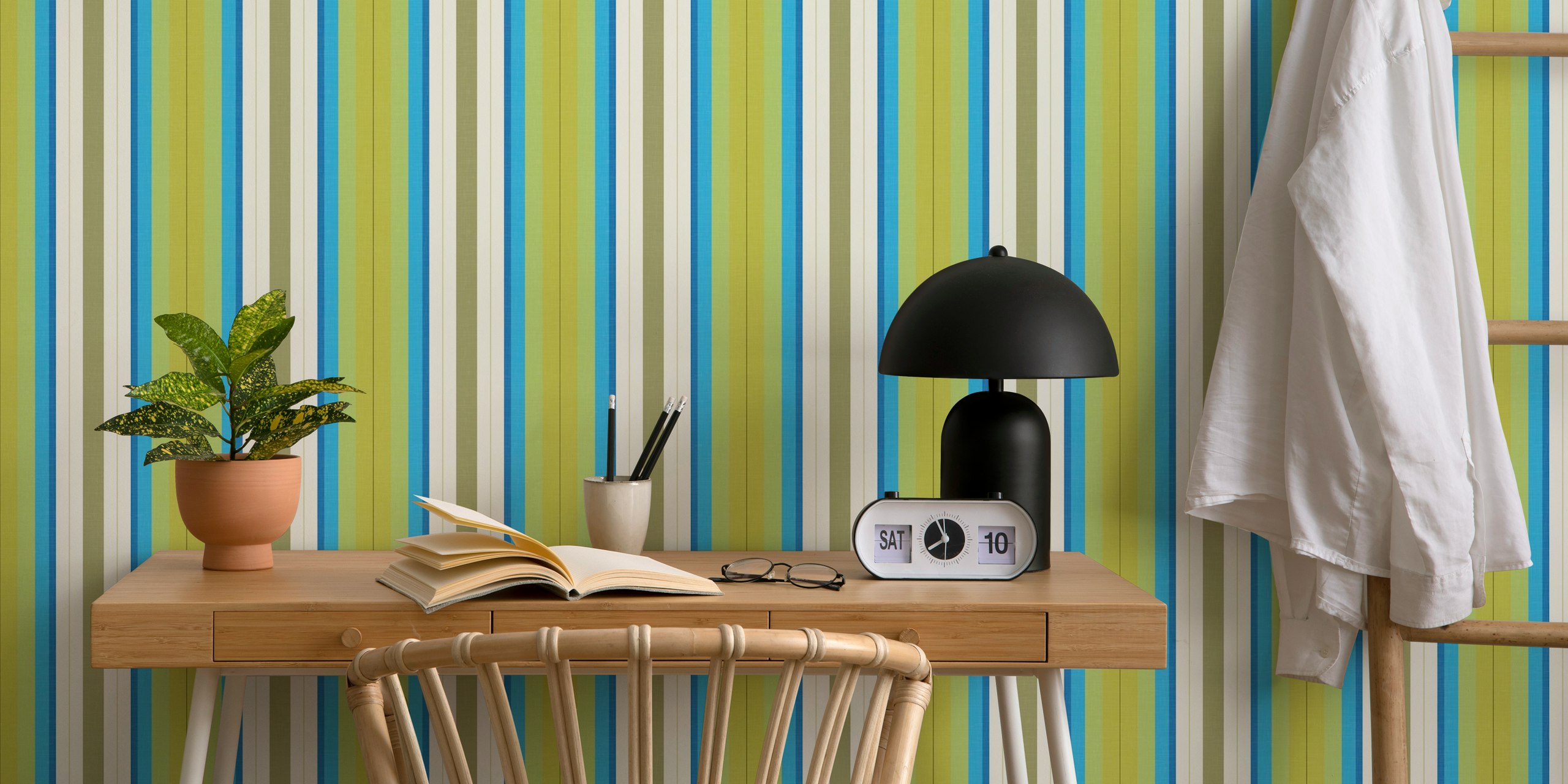 Colorful striped wallpaper in green, blue, and white