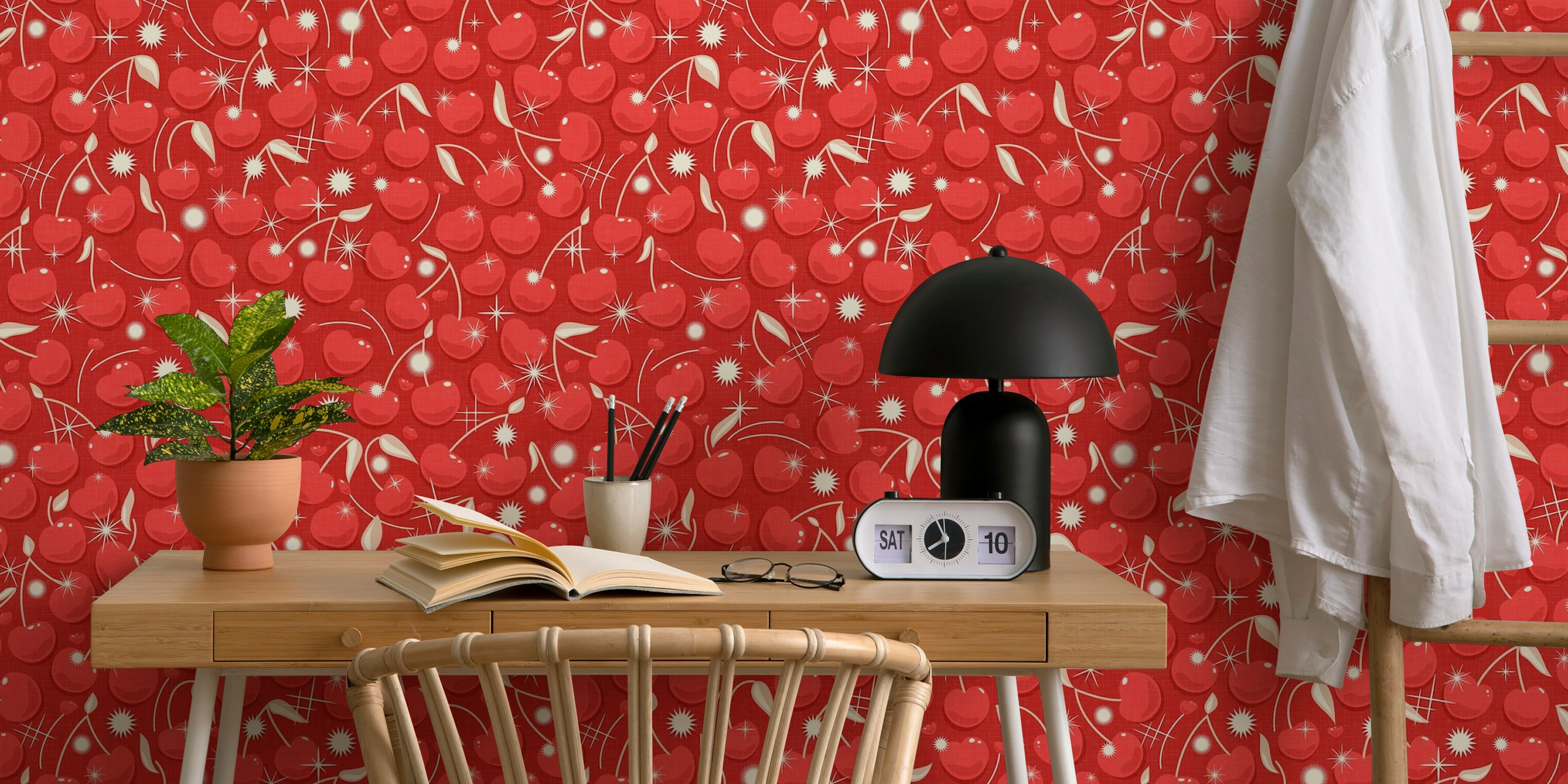Red cherry pattern with white accents wallpaper