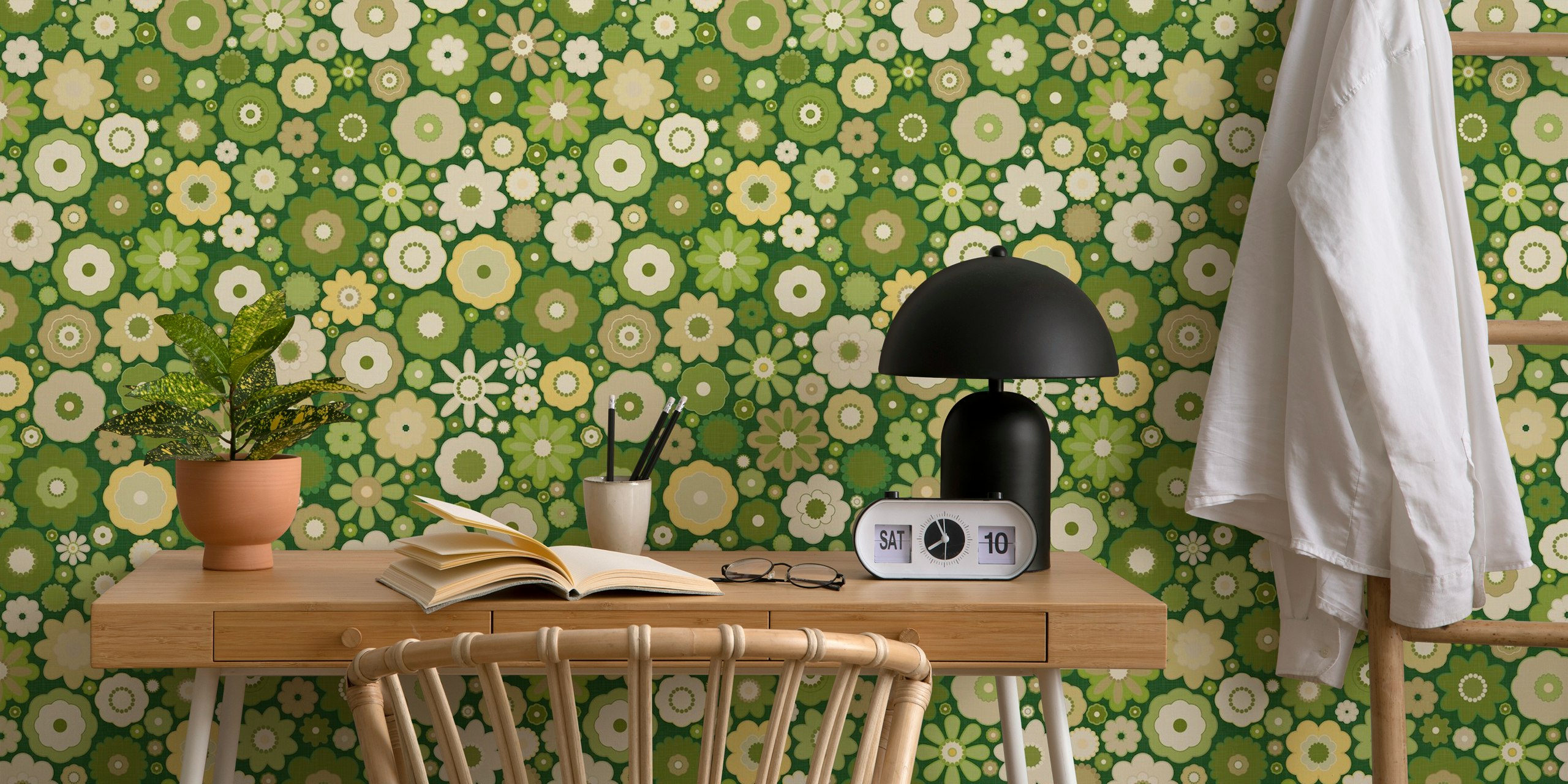 Retro geometric flowers wallpaper in a room