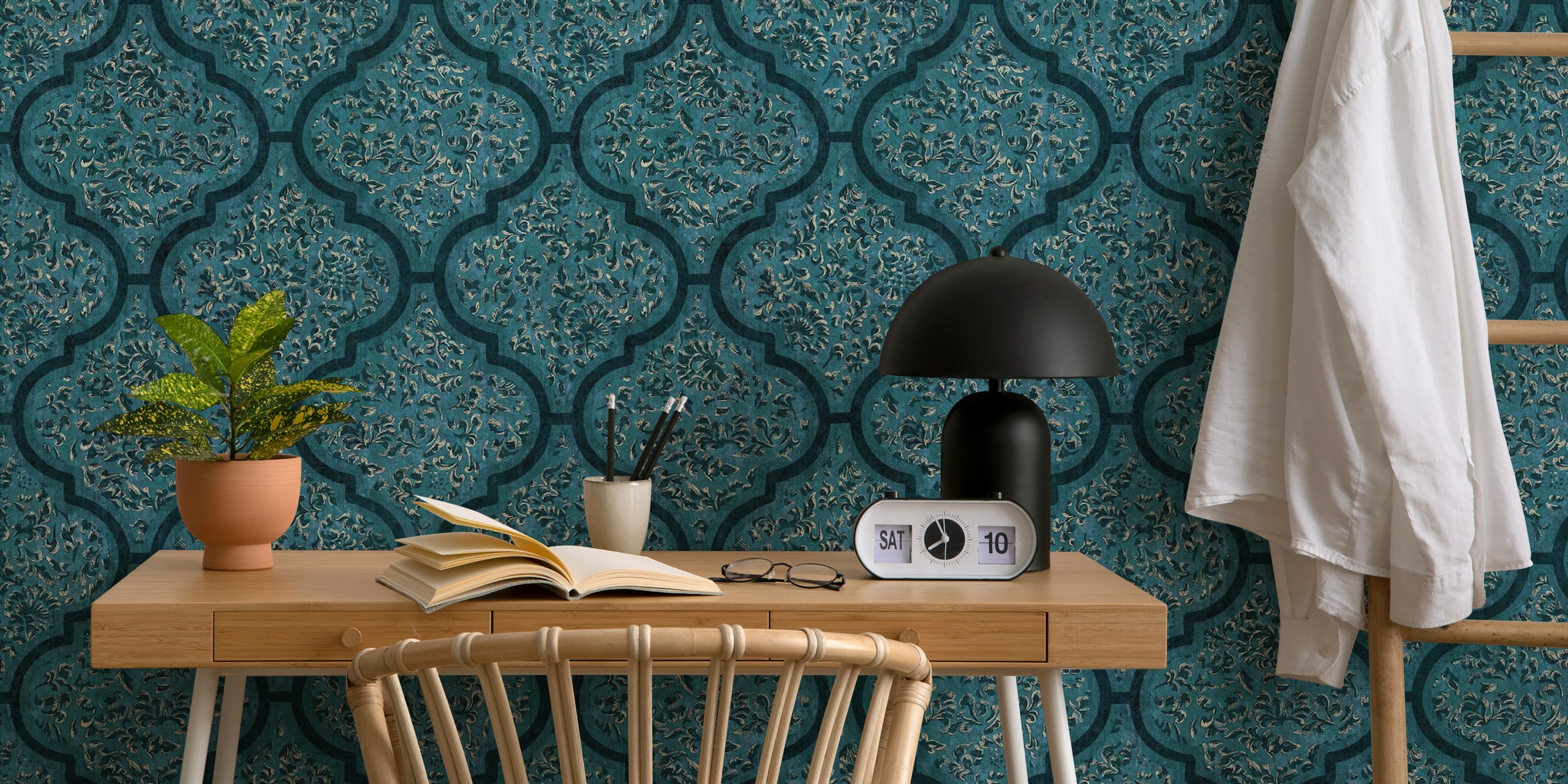 Teal blue ornamental Moroccan tile wallpaper with intricate patterns
