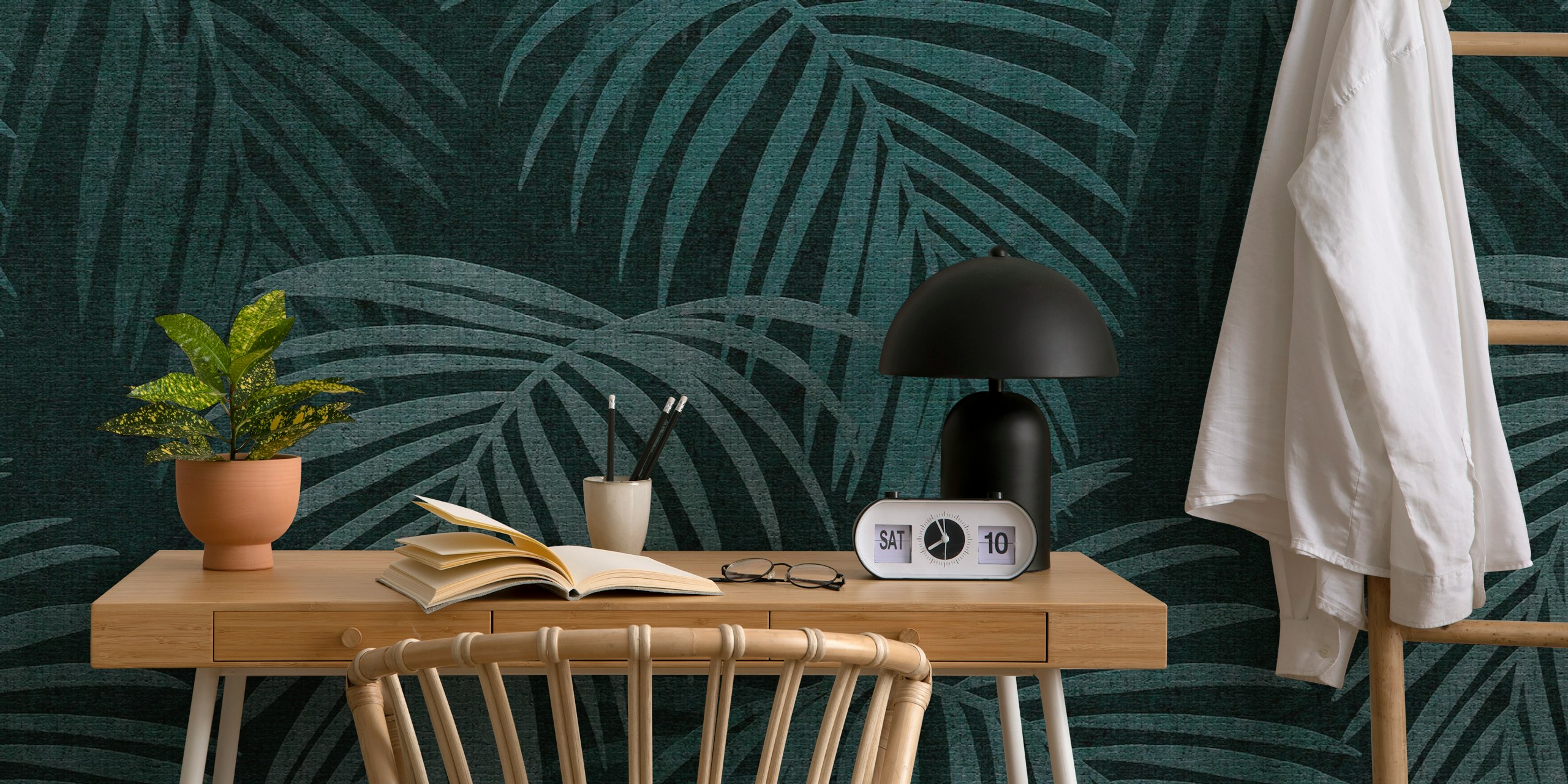 Tropical Palm Leaf-tapet i blågrått rom