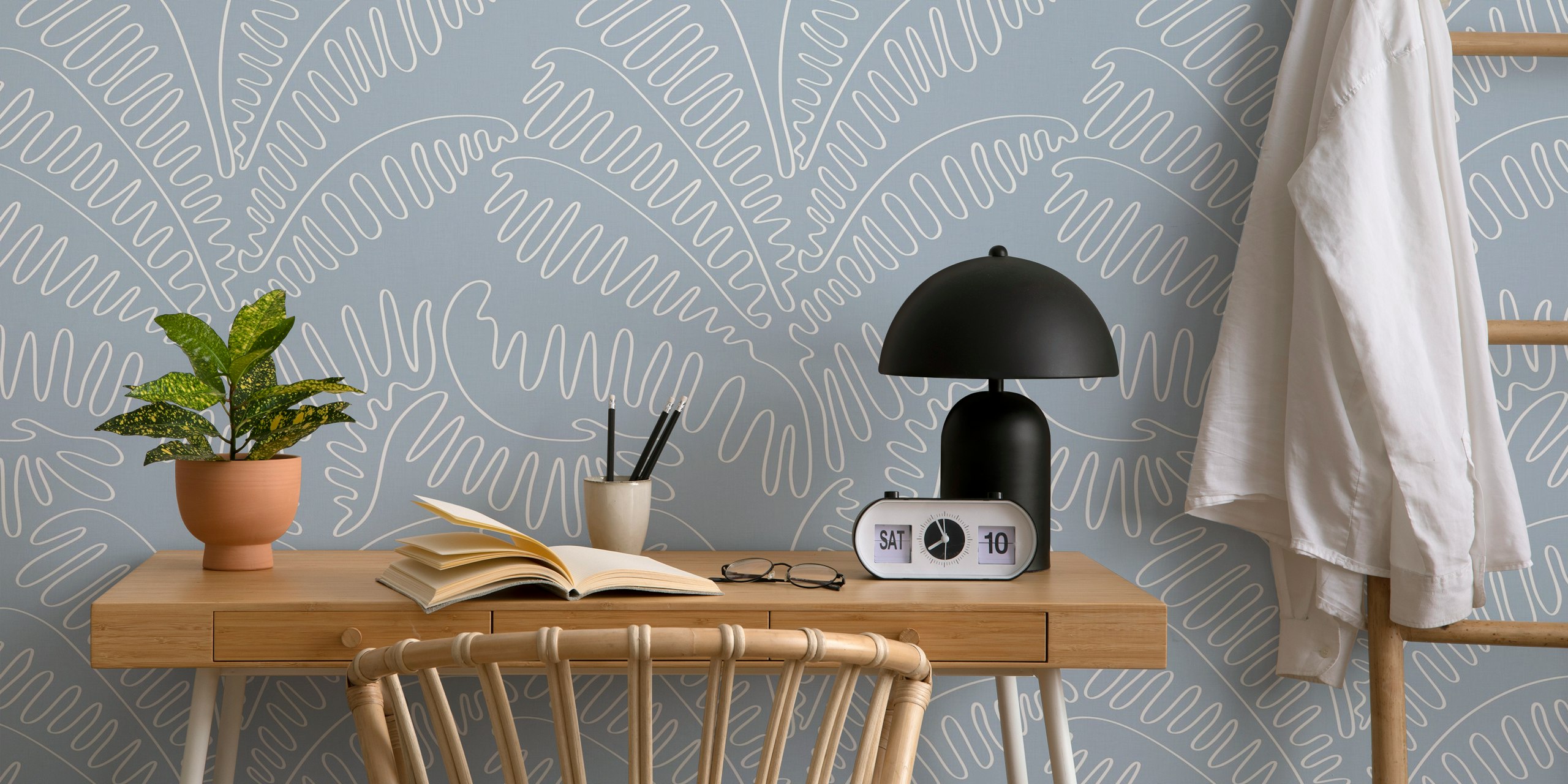 Line art palm leaves pattern in light pigeon blue wallpaper