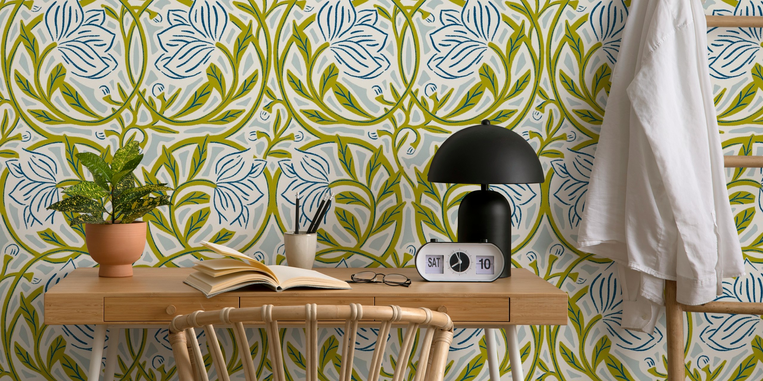 Green and beige floral pattern wallpaper with intricate designs.