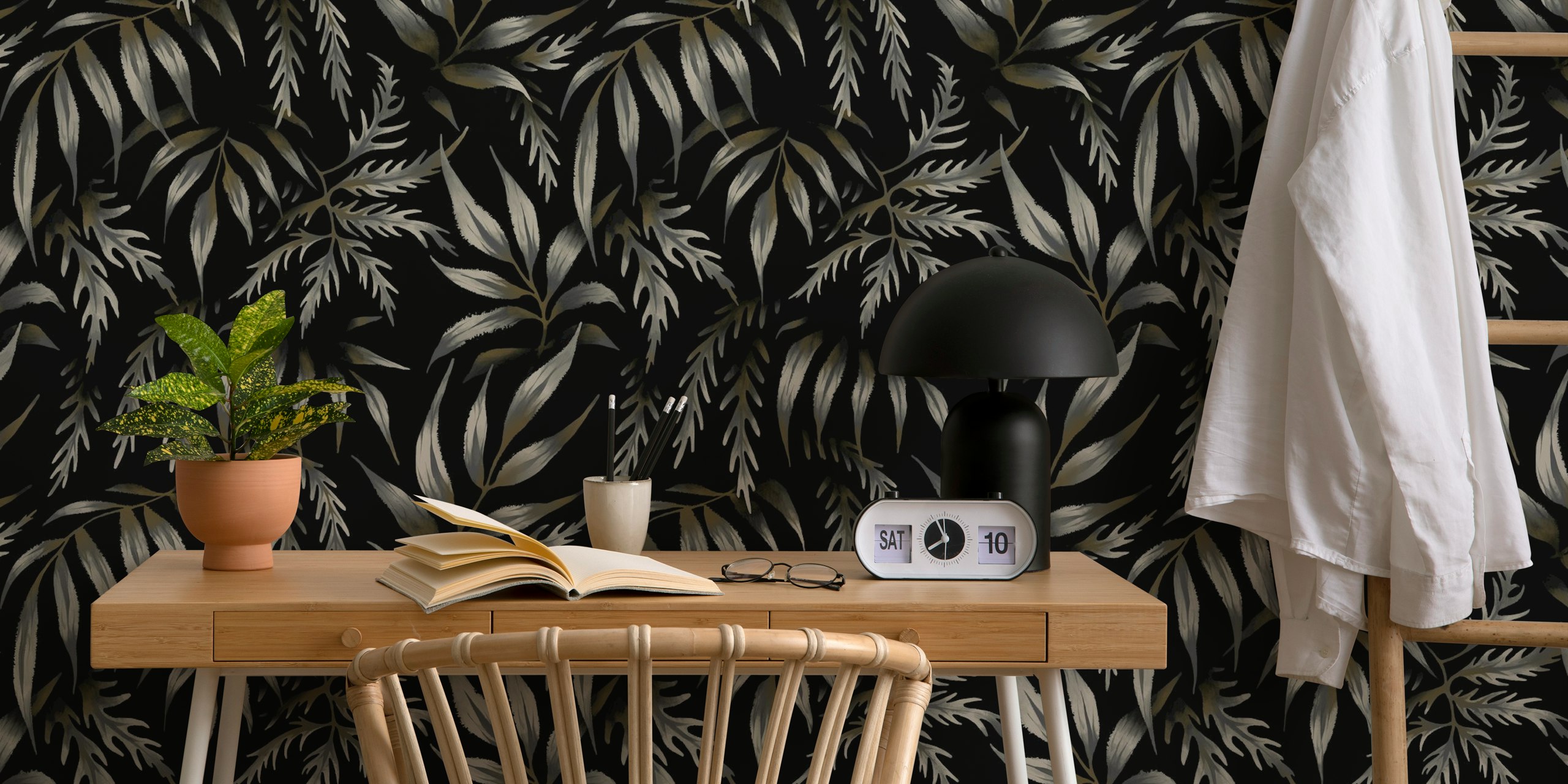 Black foliage with grey botanical leaves wallpaper