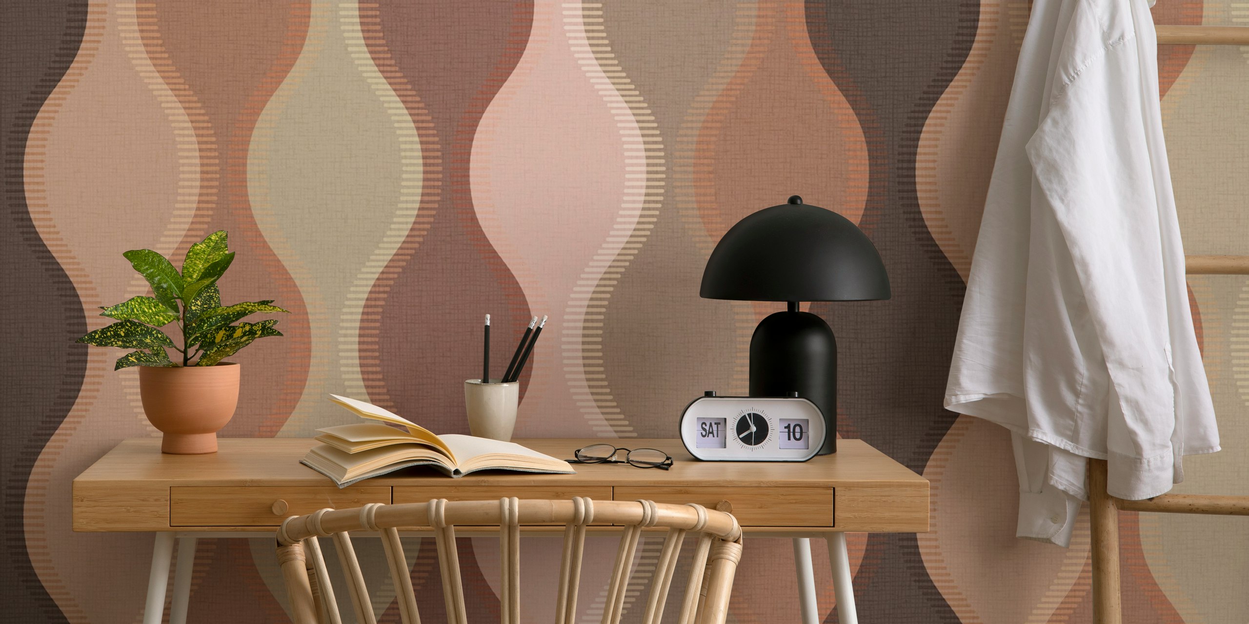 Curvilinear striped patterns in mocha, pink and beige tones wallpaper