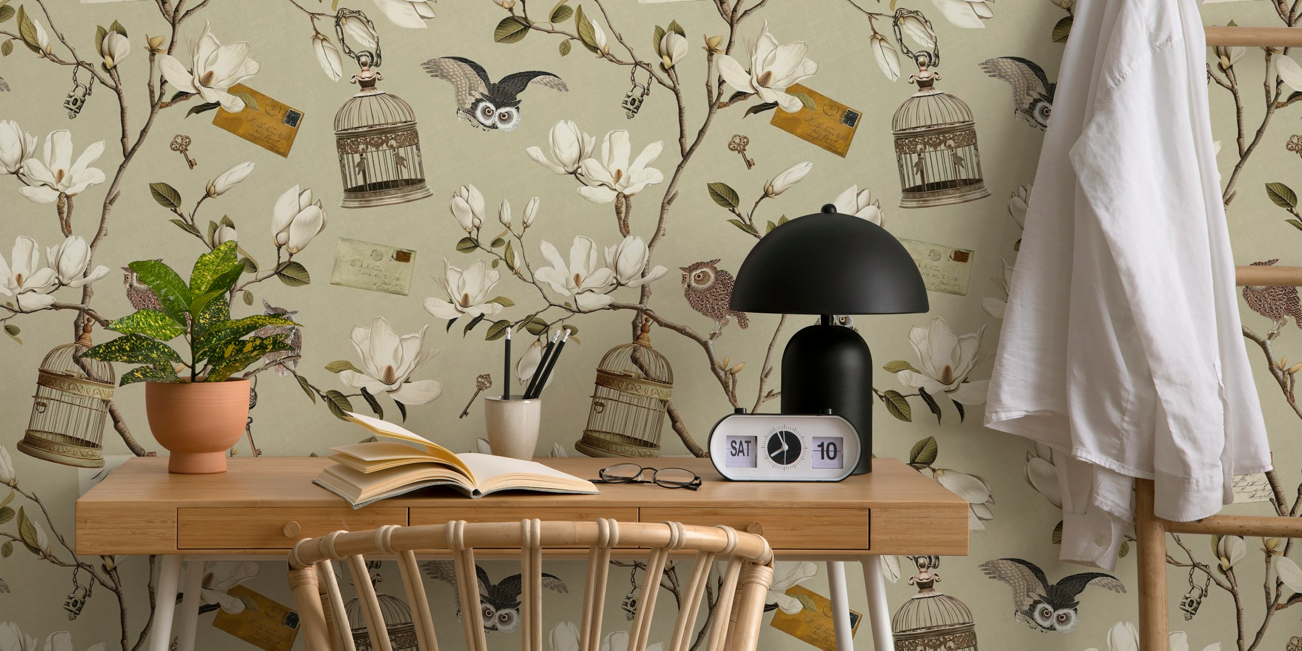Papel pintado Magnolia Grove with Owls en una habitación