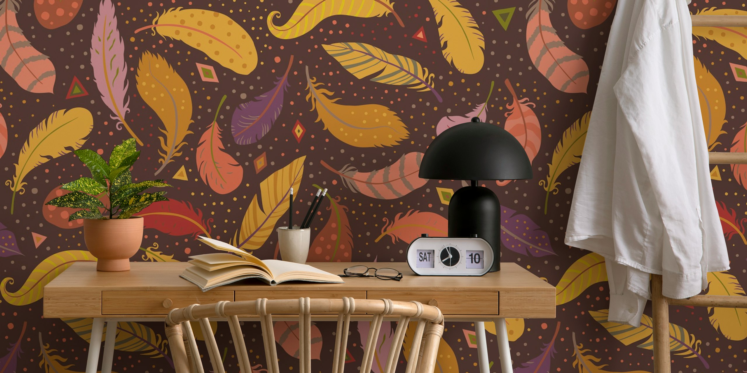 Light as a Feather höstbruna tapetdesign