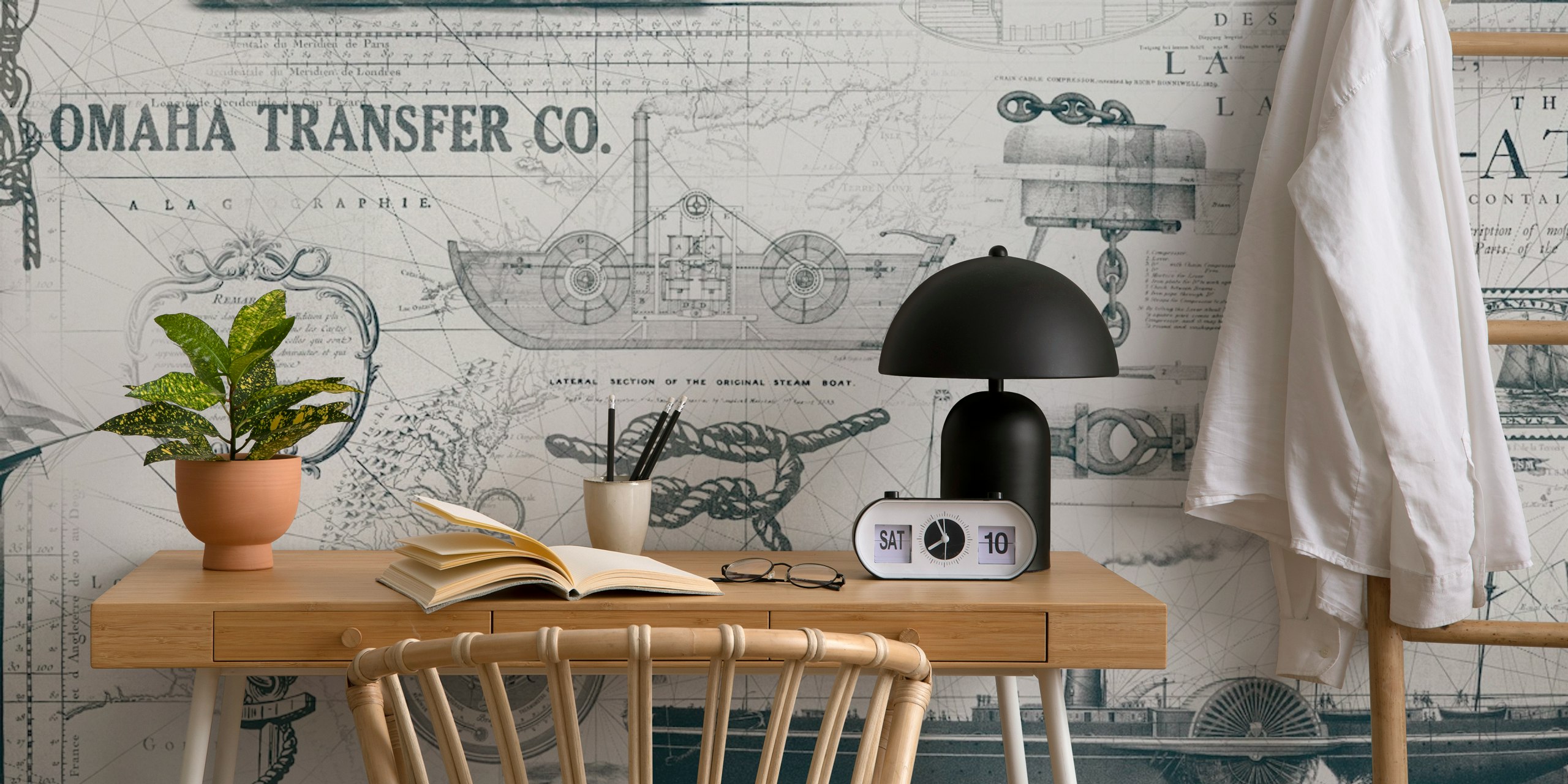 Vintage nautical wallpaper in a stylish room