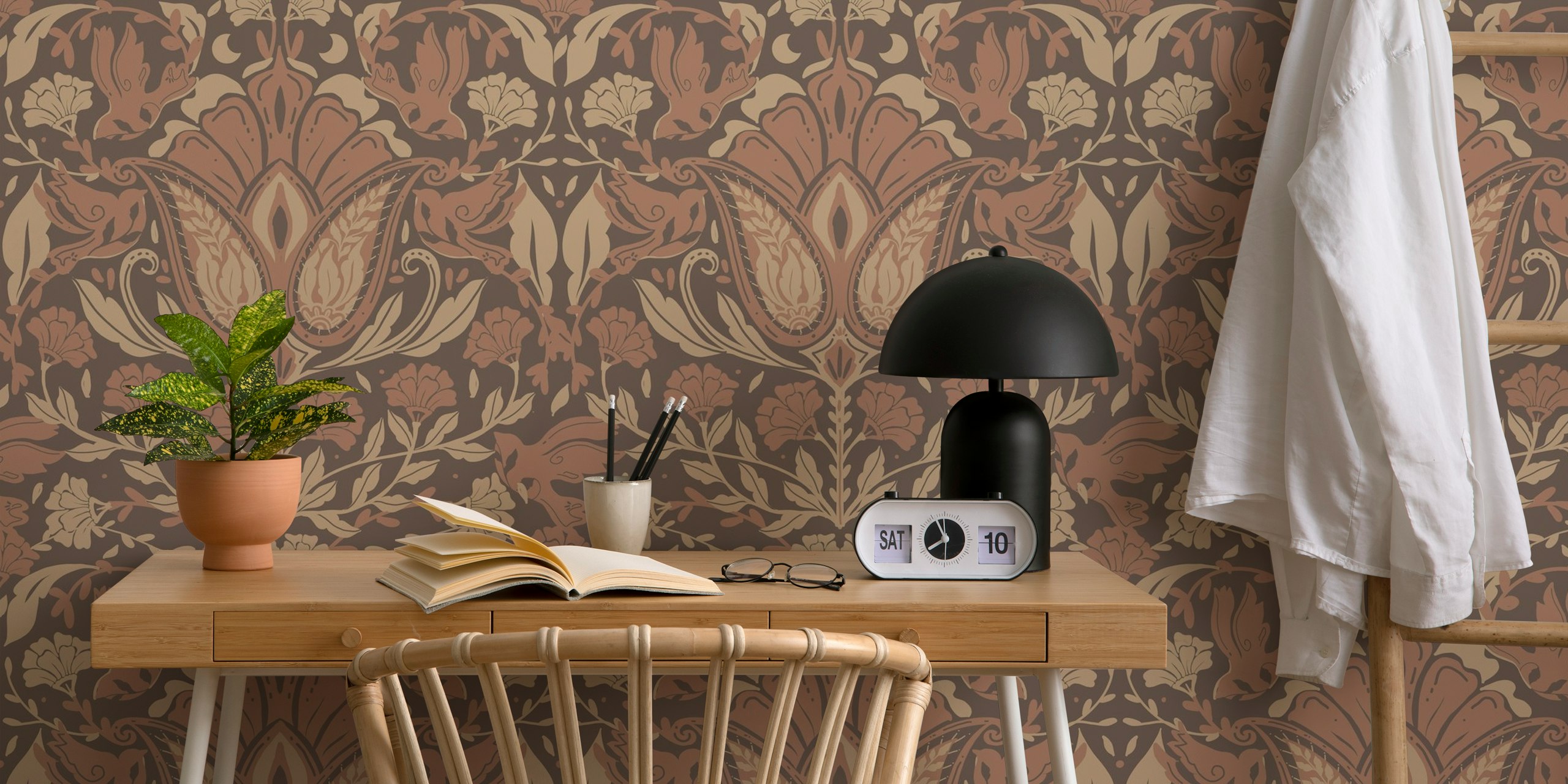 Floral and songbird pattern in warm beige and brown wallpaper