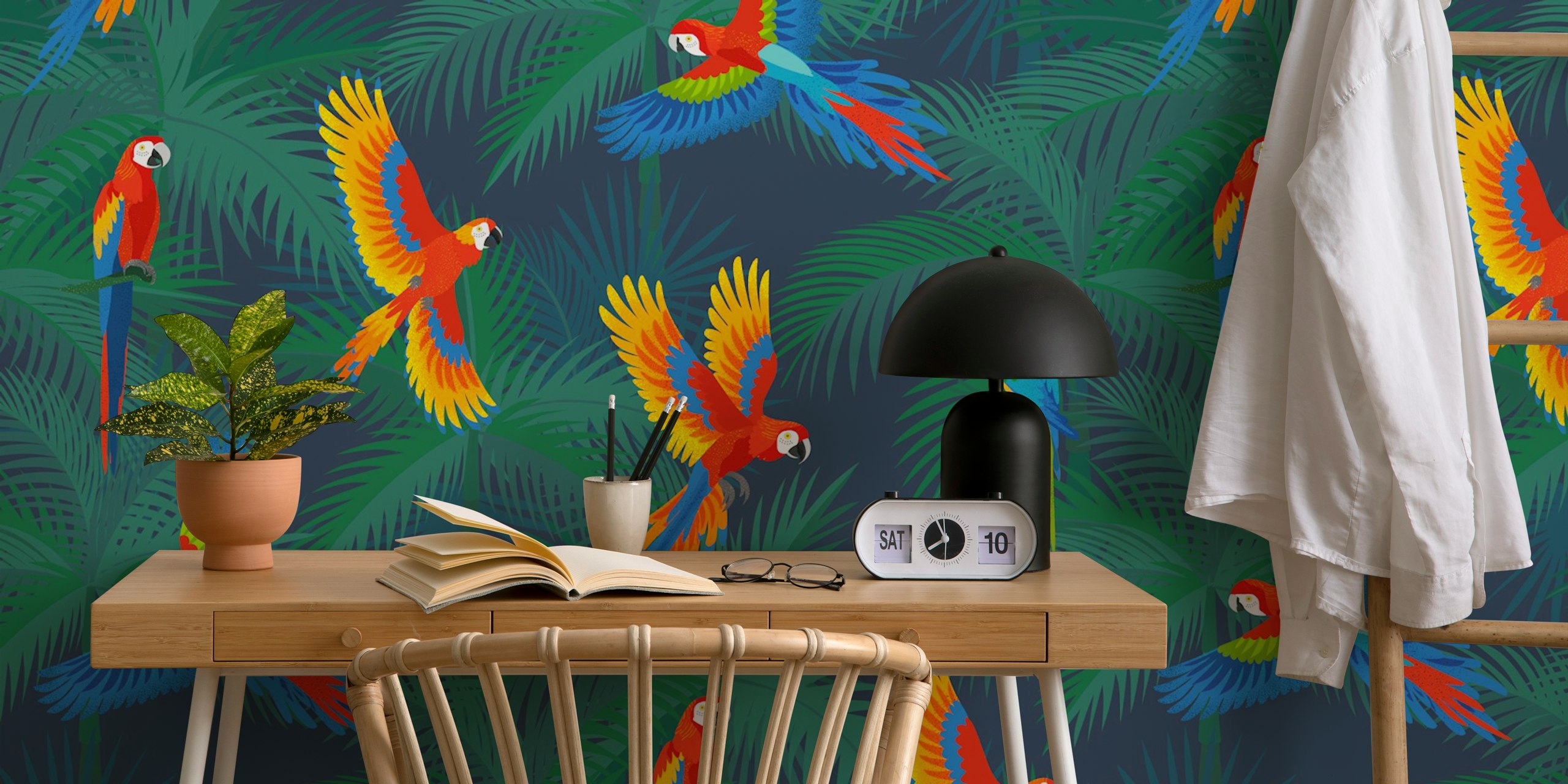Colorful parrots flying among lush palm leaves wallpaper