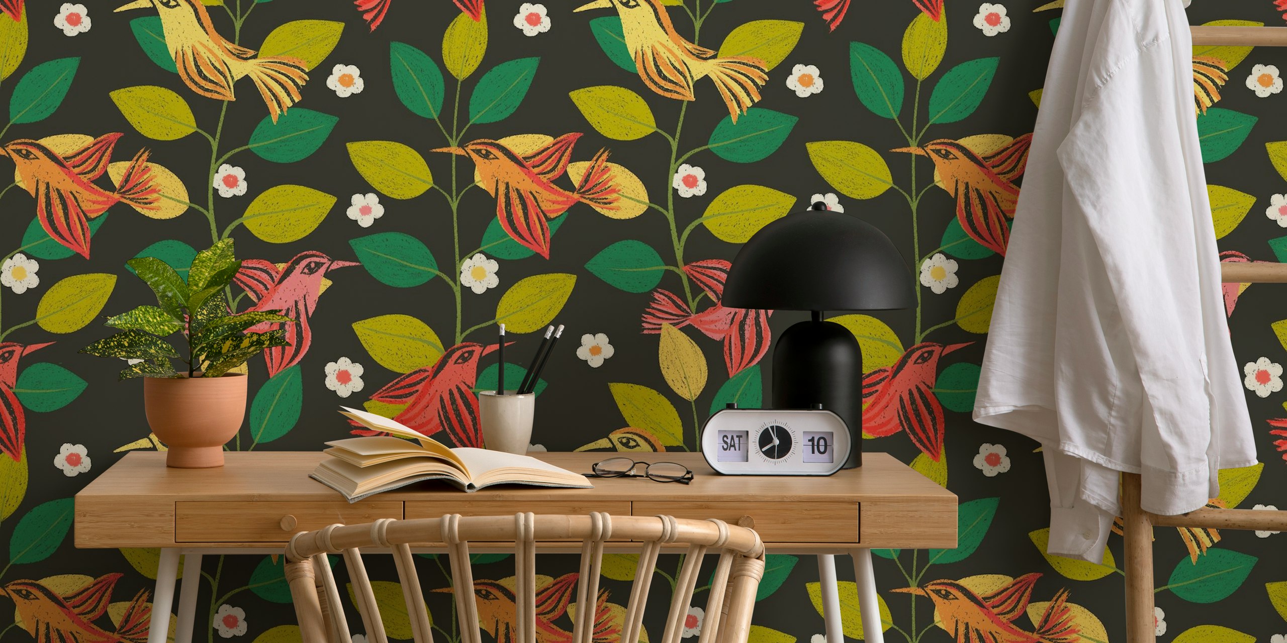 Abstract wallpaper with colorful birds and leaves