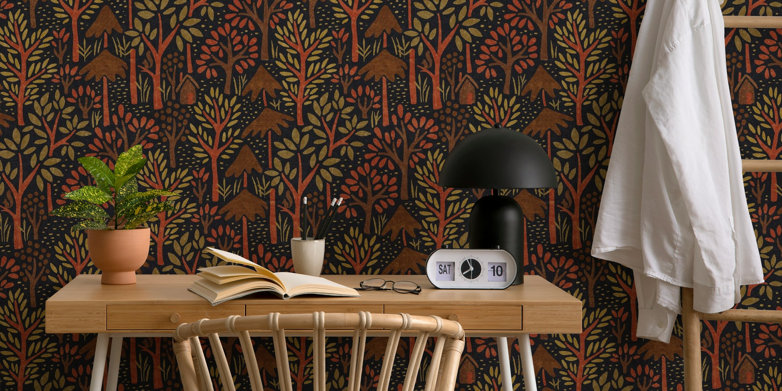 Colorful trees and mountains pattern on black background wallpaper