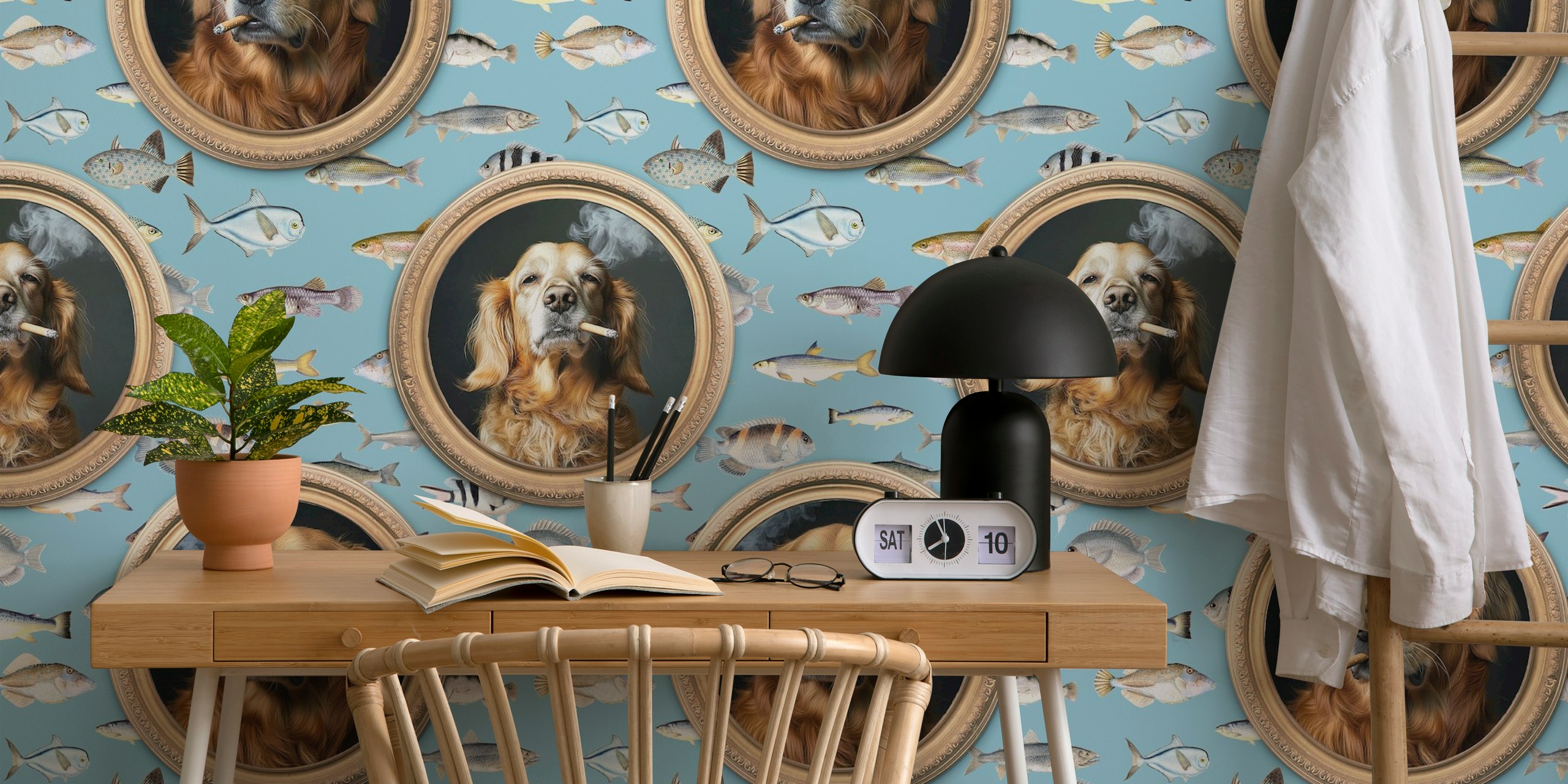 Smoking Golden Retriever wallpaper in a room