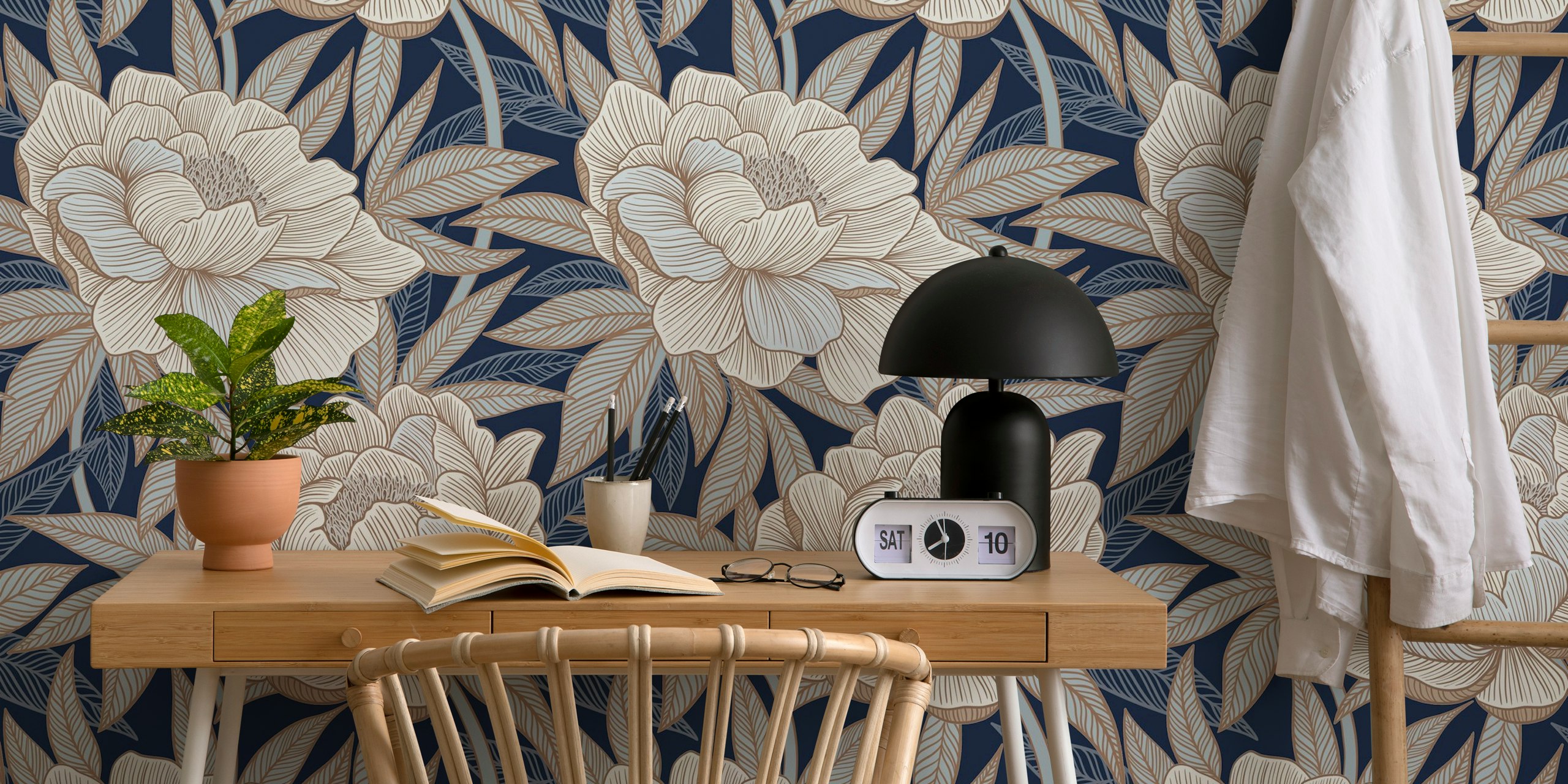 Navy blue floral wallpaper with cream peonies and leaves