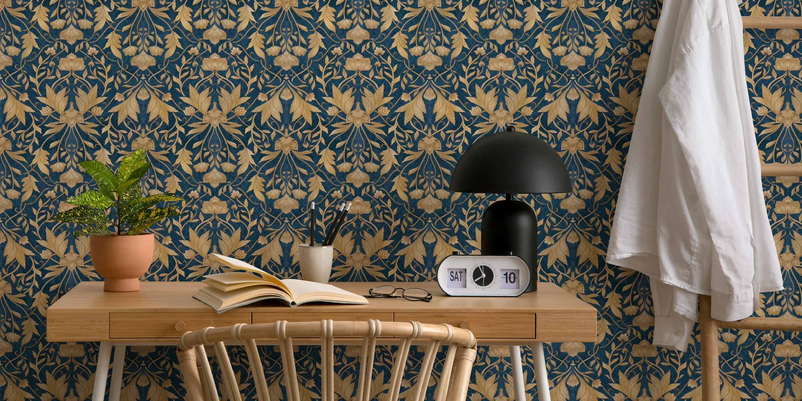 Floral damask wallpaper in navy blue and gold pattern