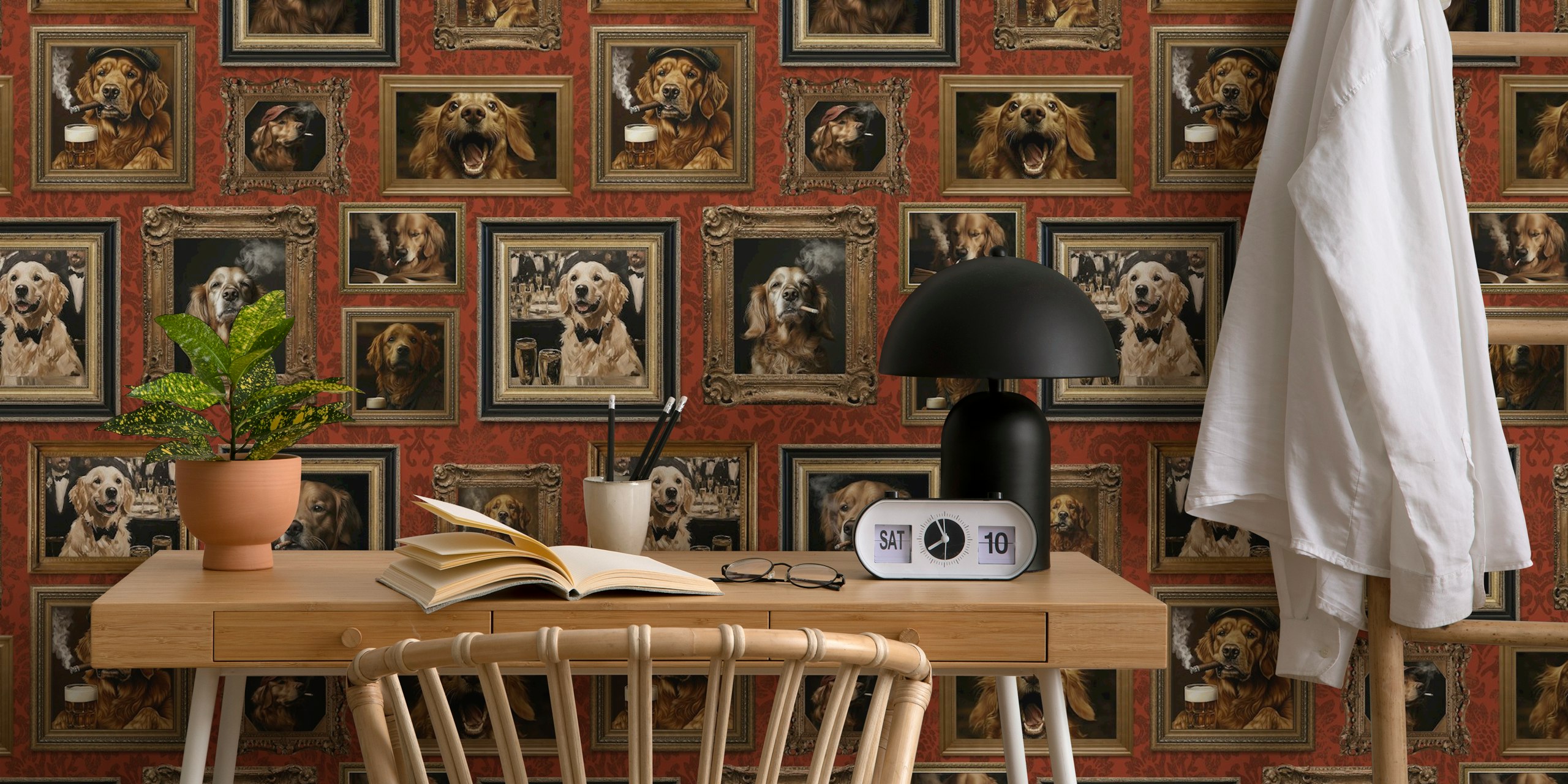 Gallery wall featuring framed portraits of golden retrievers in brown and gold tones wallpaper