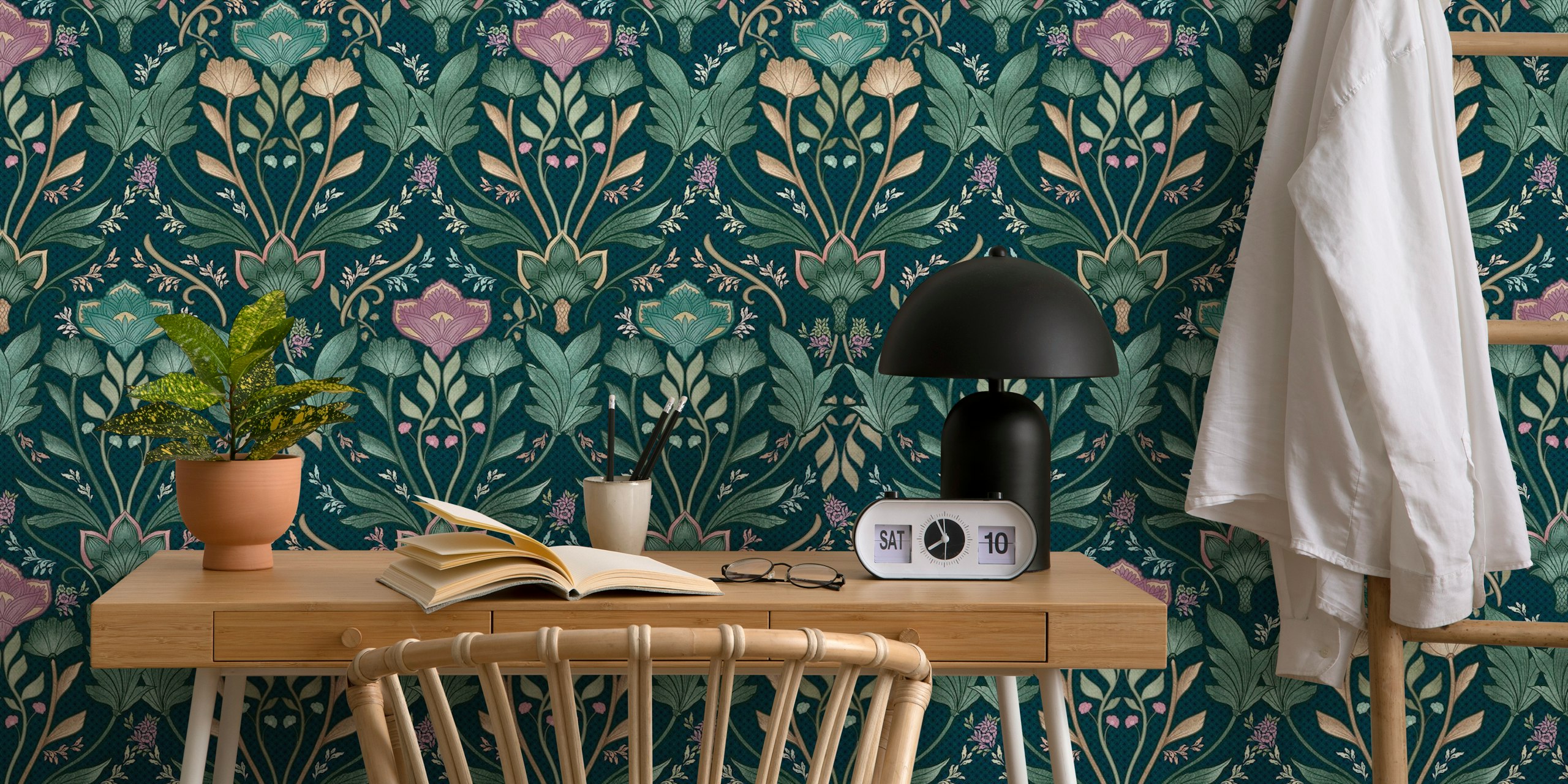 Teal navy floral wallpaper featuring dark lily flowers and green leaves