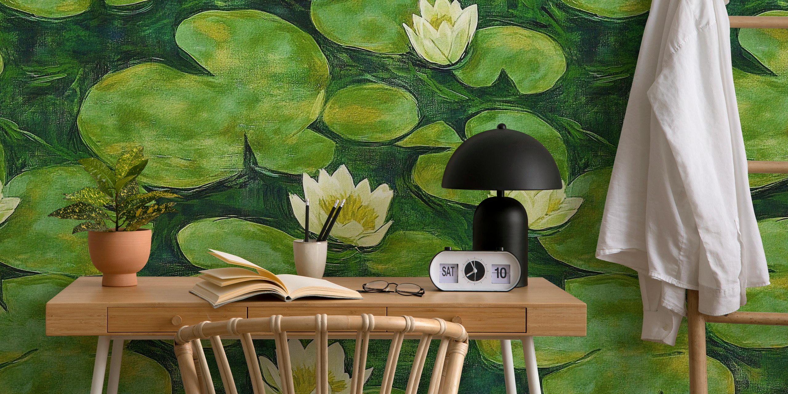 Water lilies and green lily pads close up wallpaper