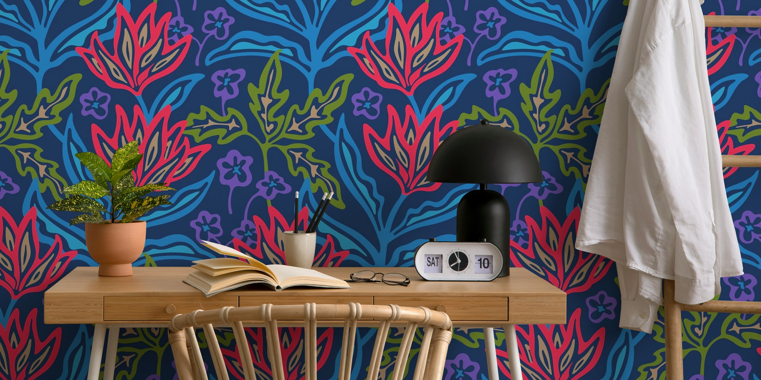 Colorful floral pattern with bold red and blue flowers wallpaper