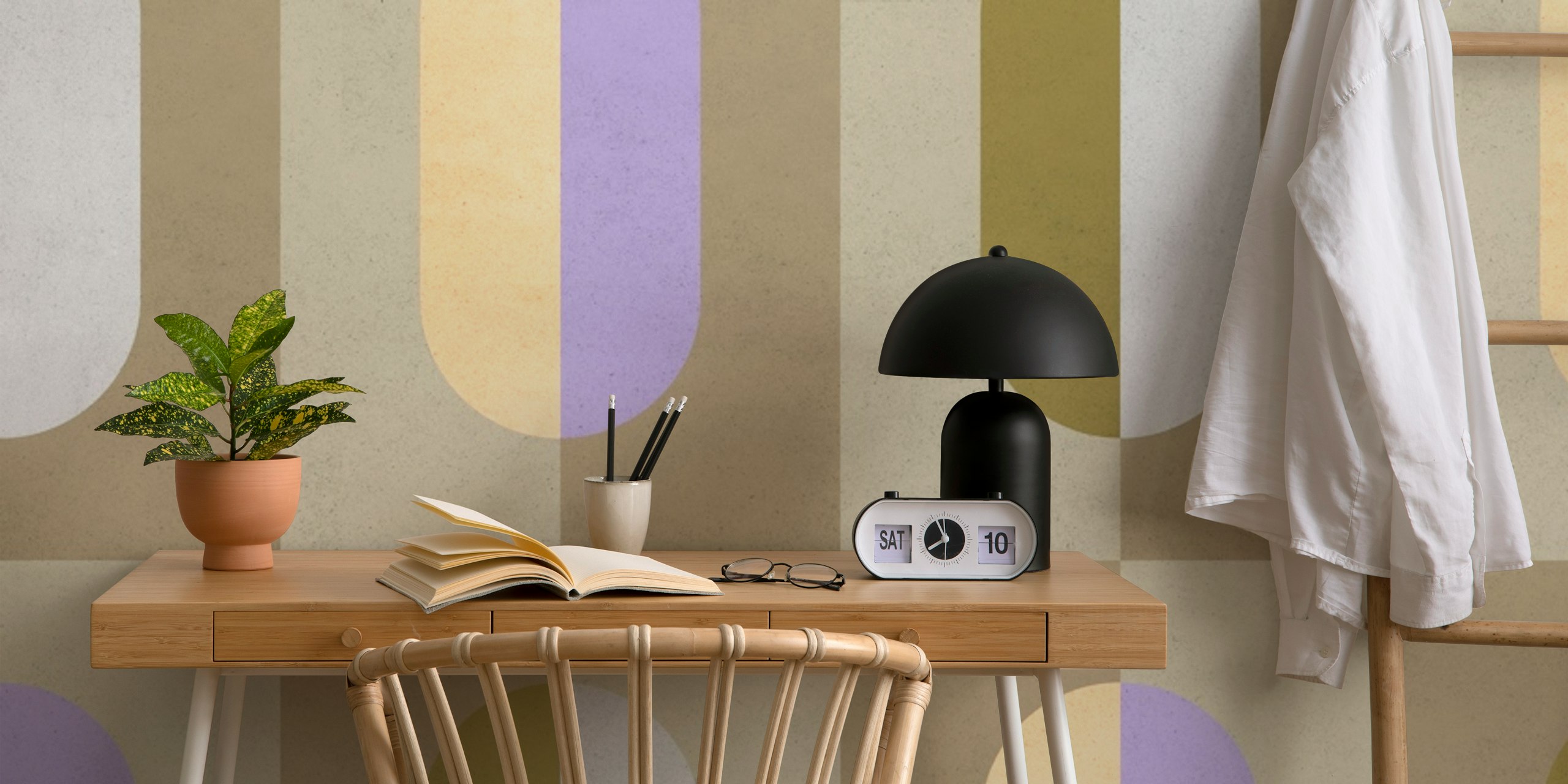 Geometric pastel wallpaper design in a room