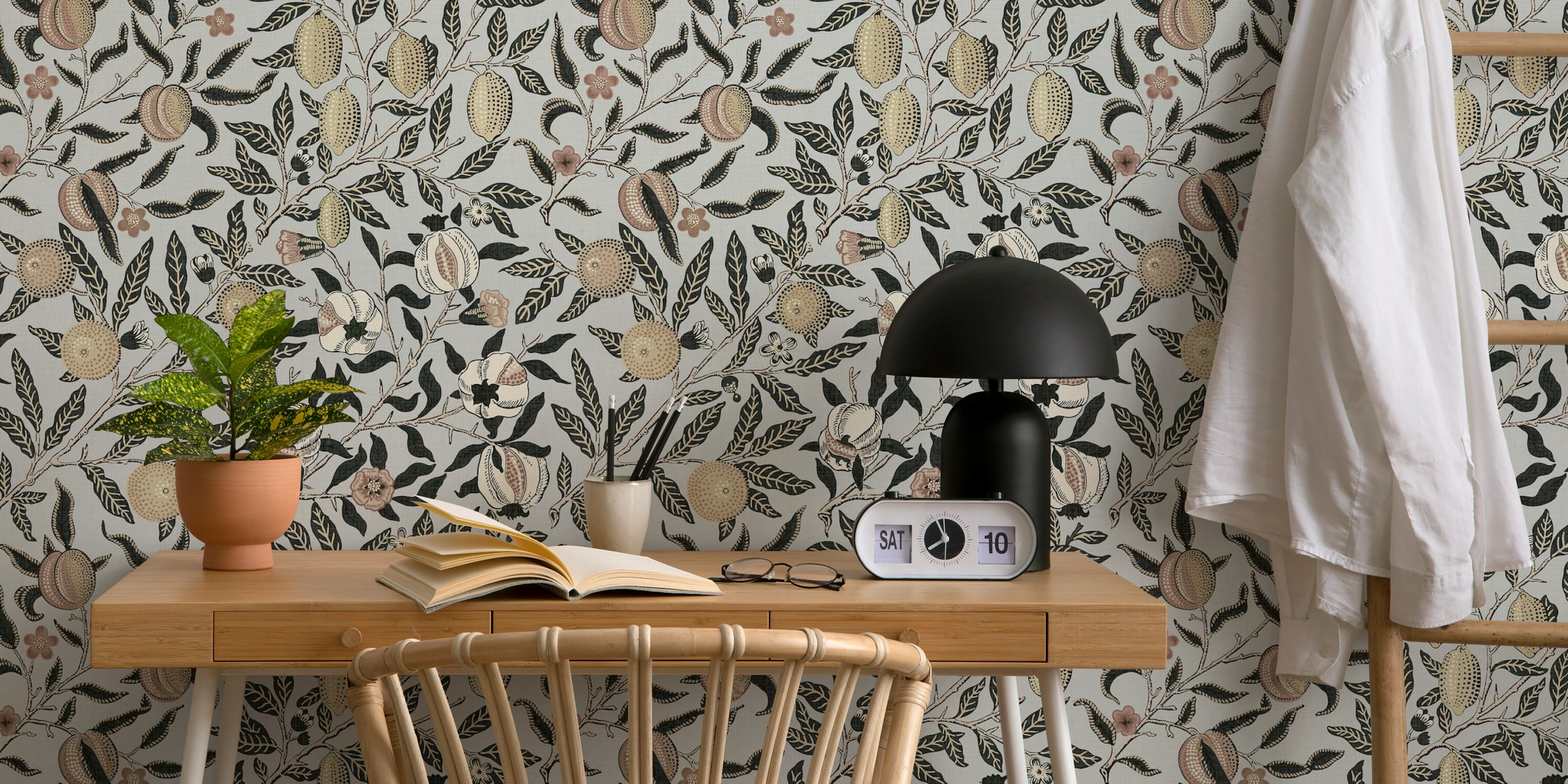 Pomegranate and floral design in soft colors on grey background wallpaper