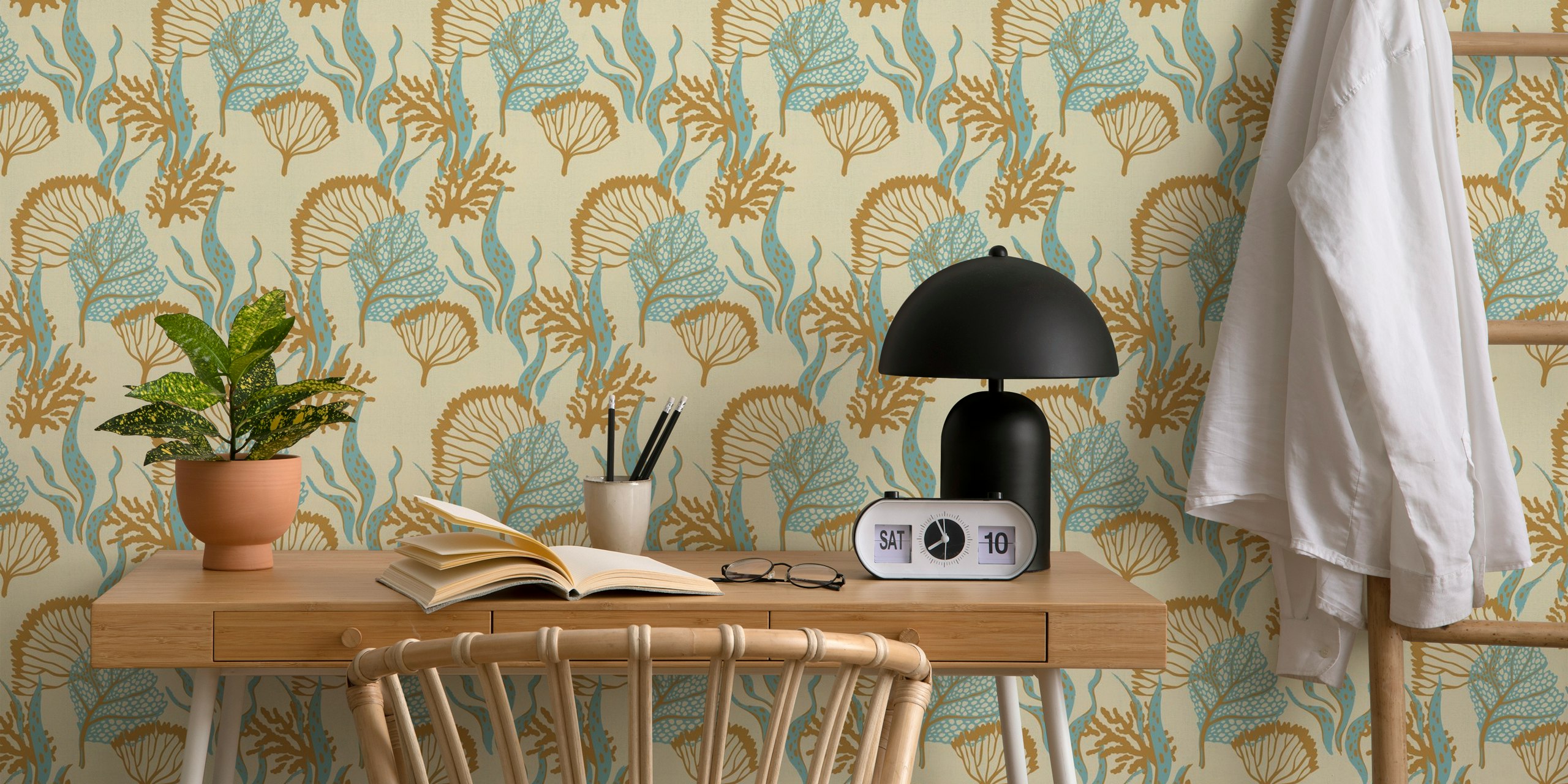 Coral and seaweed patterns in blue and beige wallpaper