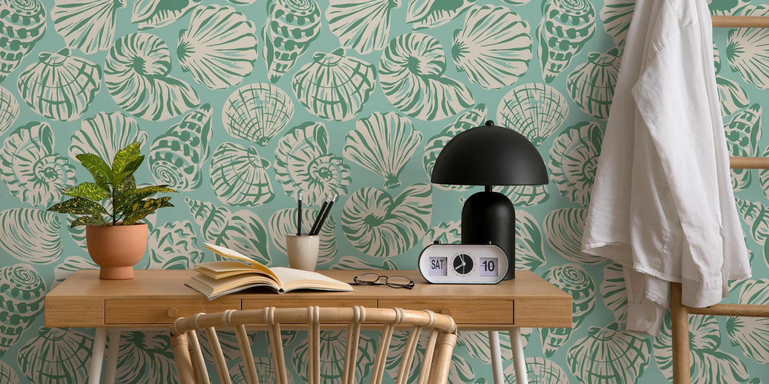 Aqua background with white shell patterns and designs wallpaper