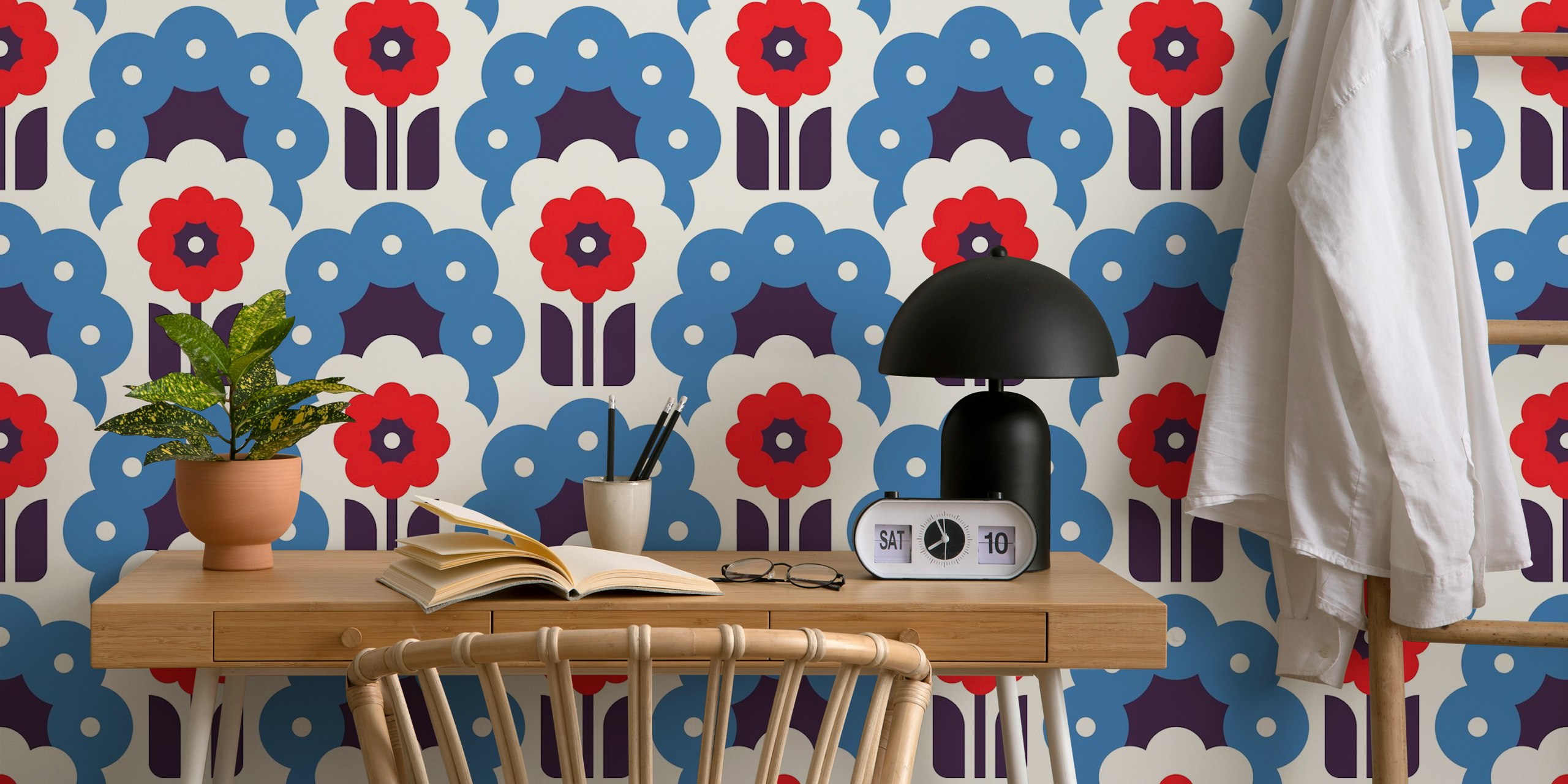 Retro Daisy Flowers Blue Red wallpaper pattern