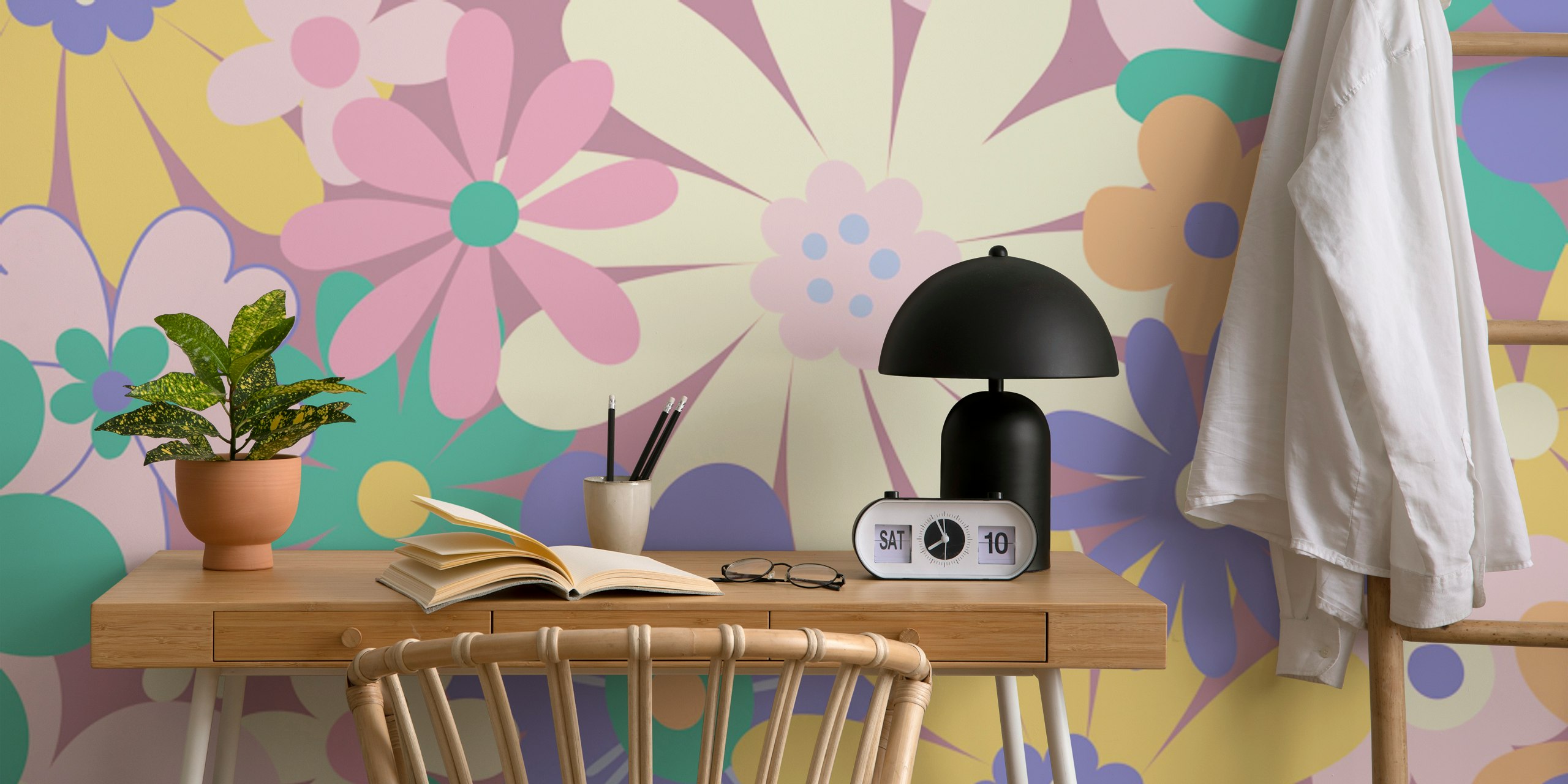 Colorful retro flowers in lilac, pink, and green patterns wallpaper
