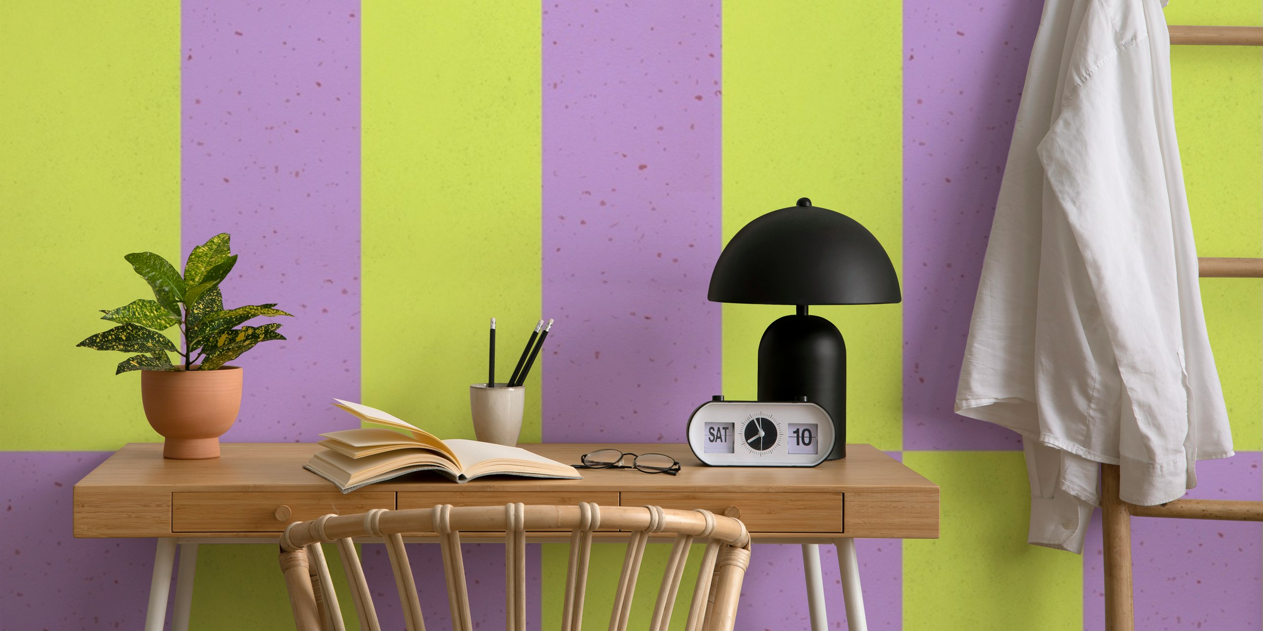 Striped wallpaper in bright green and purple colors, modern design