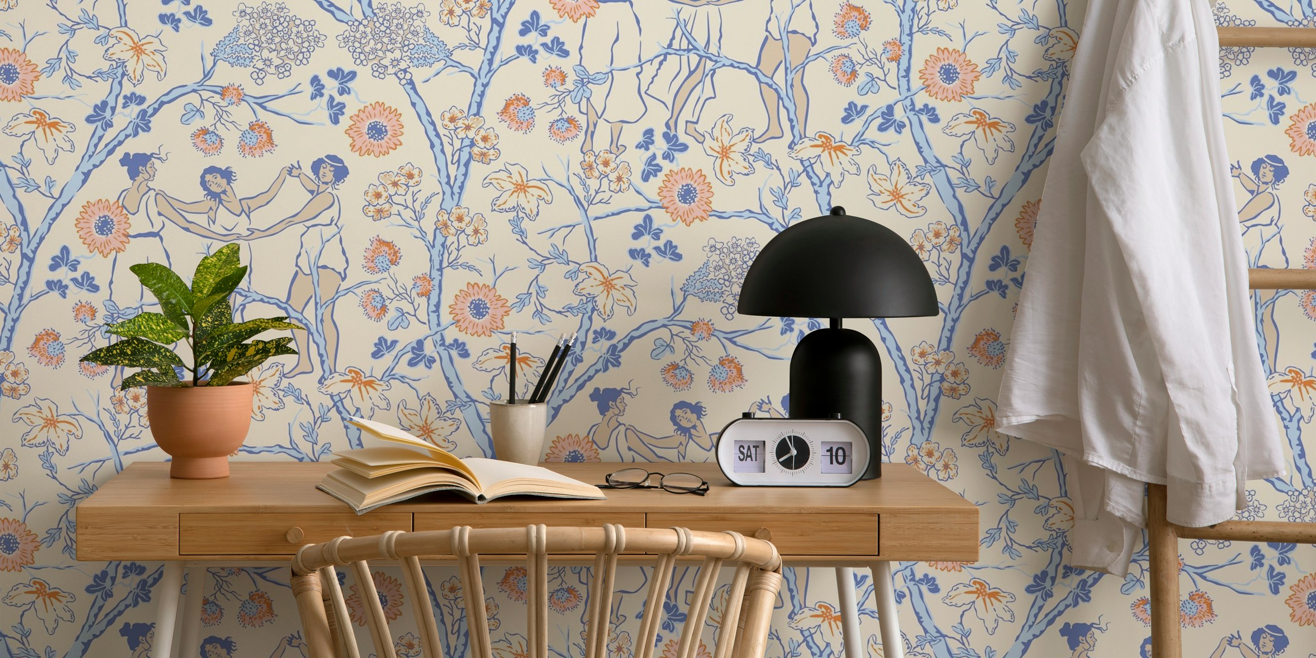 Floral pattern with dancers and flowers in beige, light blue, and pink wallpaper