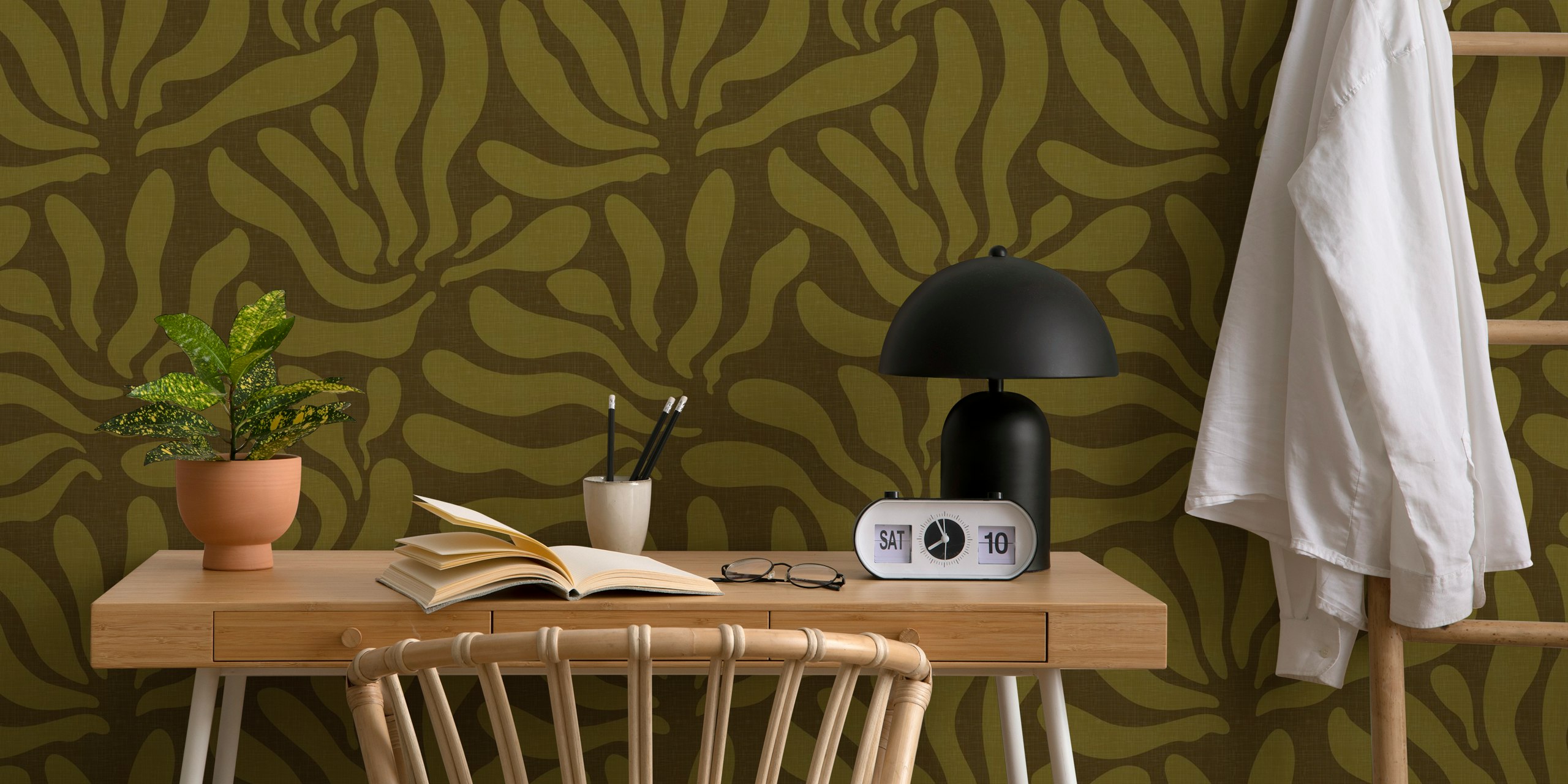 Flowing Modern Leaves Khaki wallpaper in room