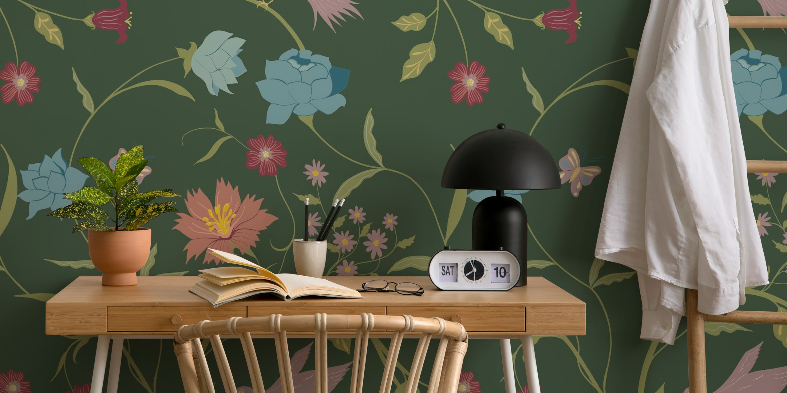 Vintage floral design with flowers and a bird on dark green wallpaper