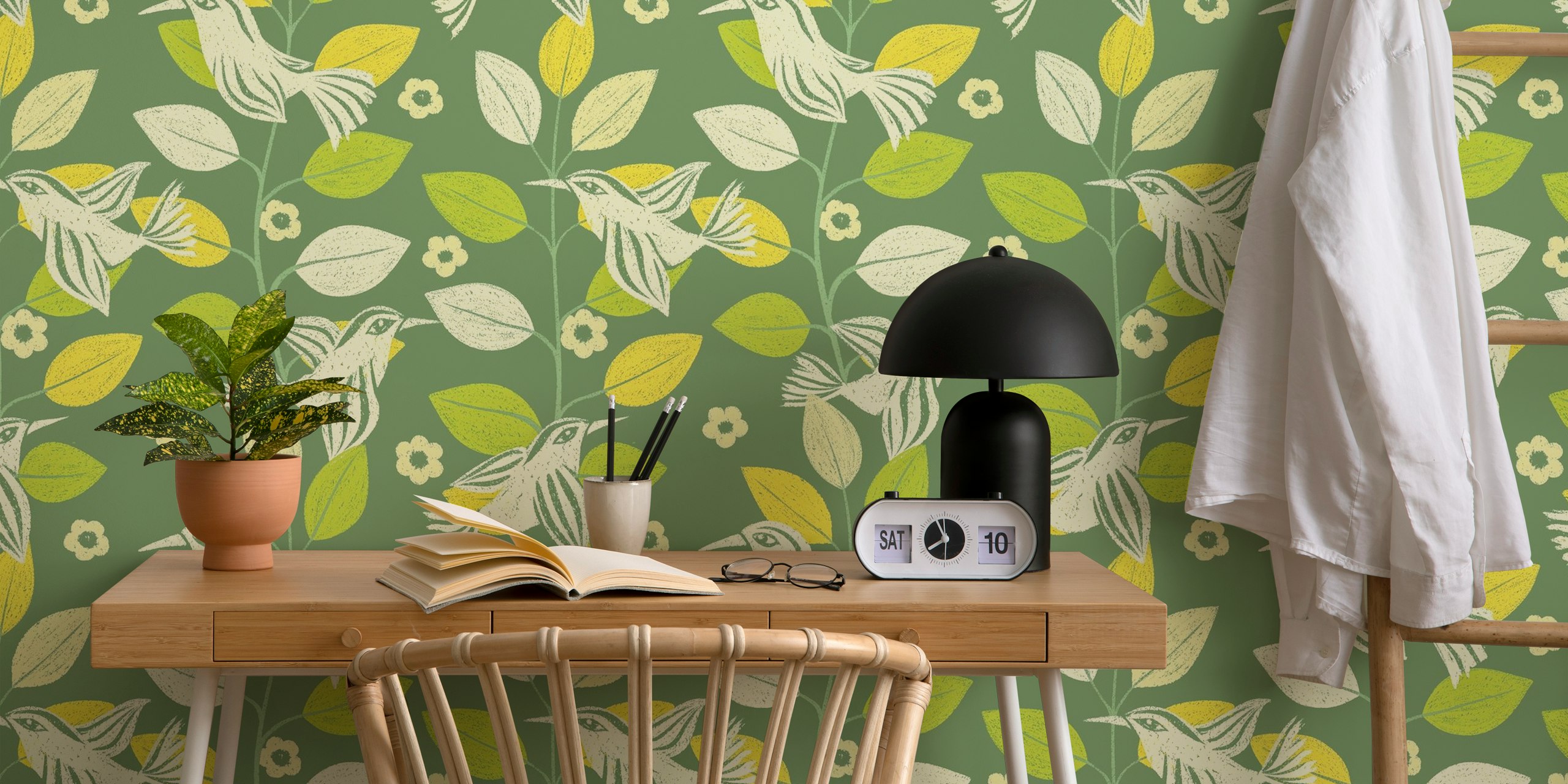 Papel de parede Sage green com pássaros e folhas abstratas