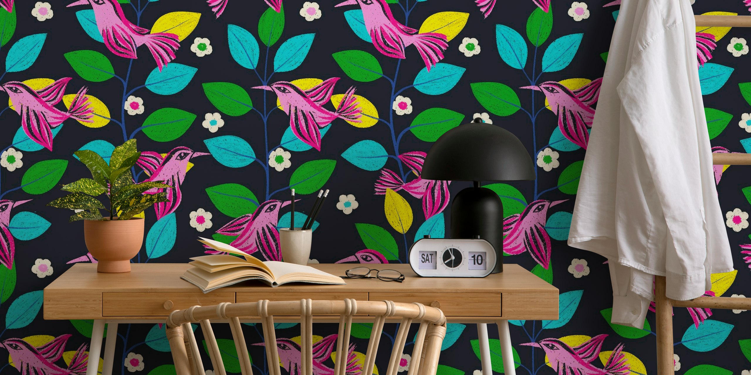 Colorful birds among bright green and yellow leaves with white flowers wallpaper