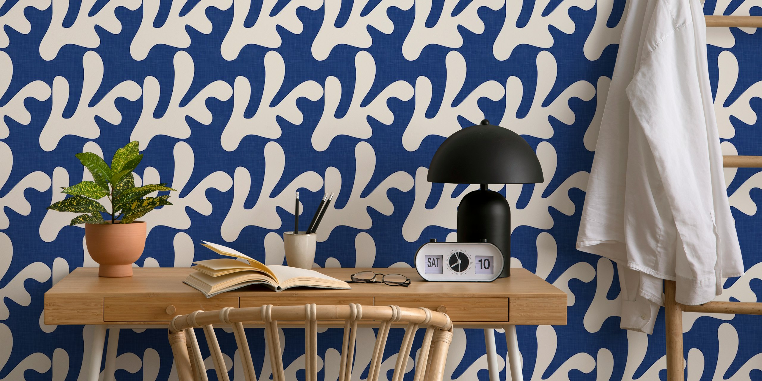Navy blue coral shapes on cream background wallpaper