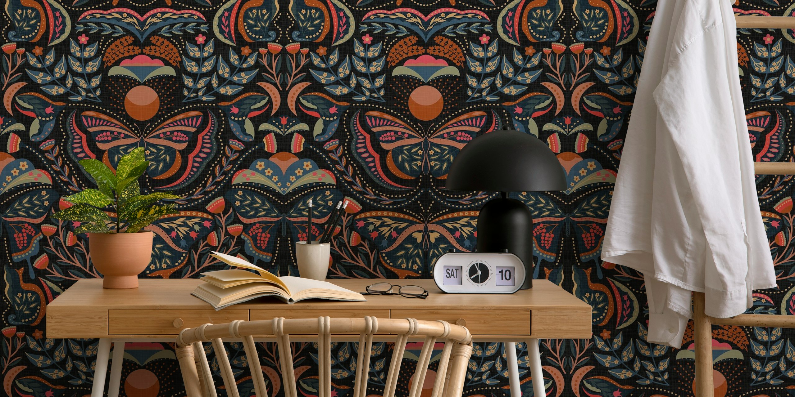 Colorful butterflies and floral patterns on black background wallpaper
