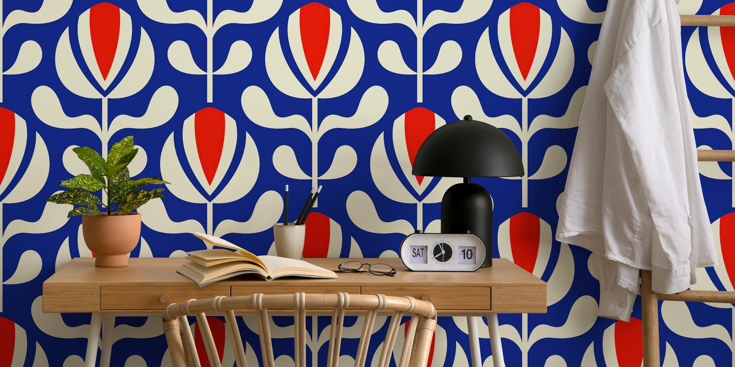 Retro floral pattern with blue and red flowers on cream background wallpaper