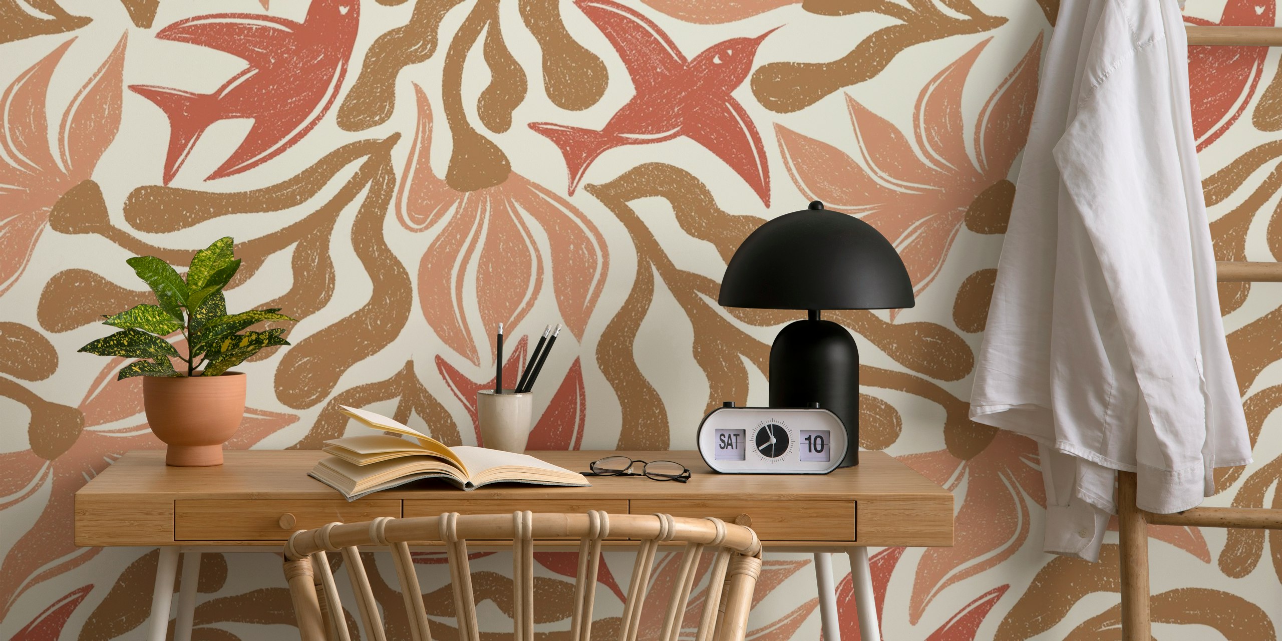 Abstract floral wallpaper lintujen kanssa earthy tones