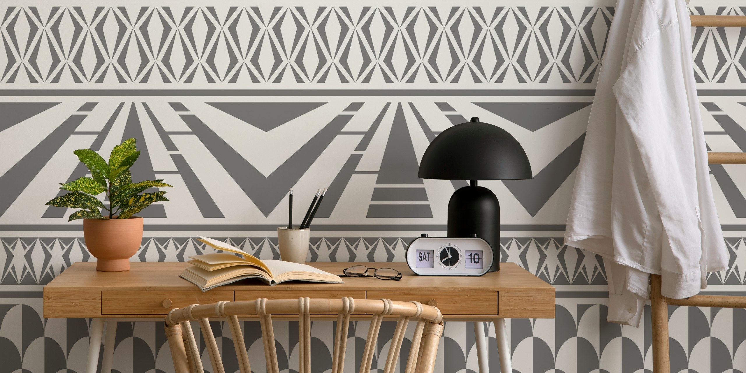 Geometric grey minimalist wallpaper in a room