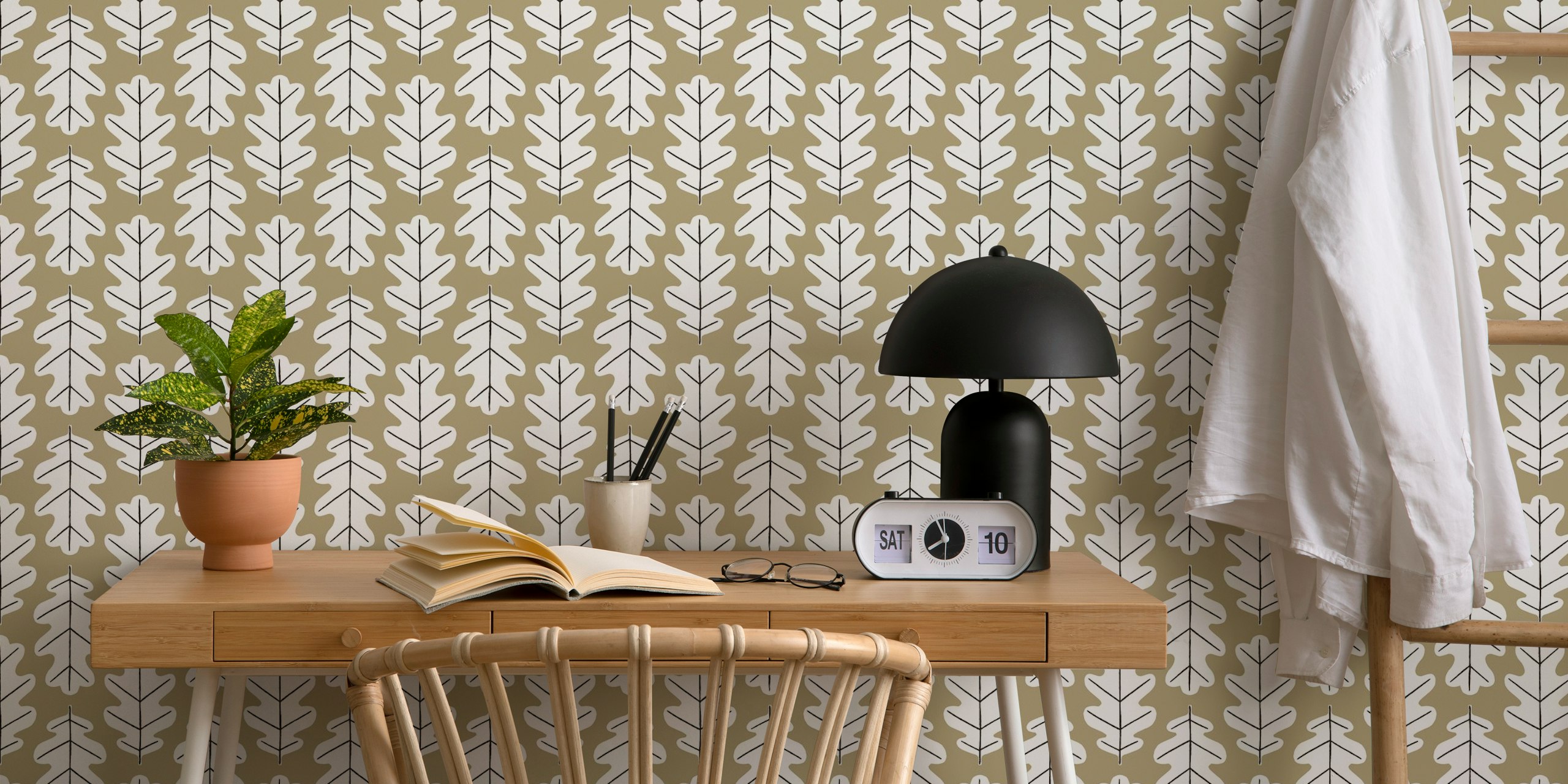 Moss green Oak Leaf Pattern tapetti huoneessa