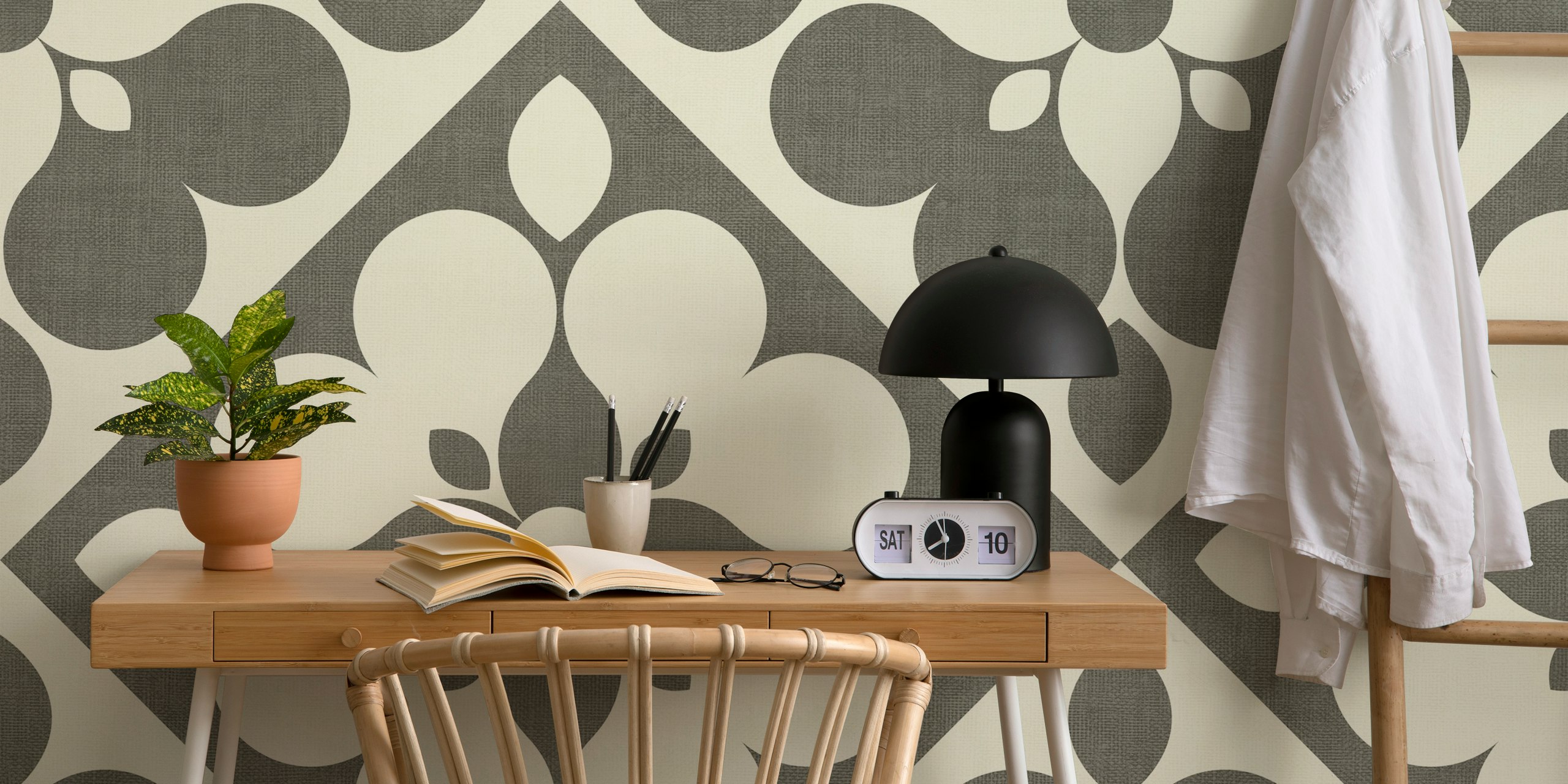Neutral geometric floral pattern wallpaper in gray tones