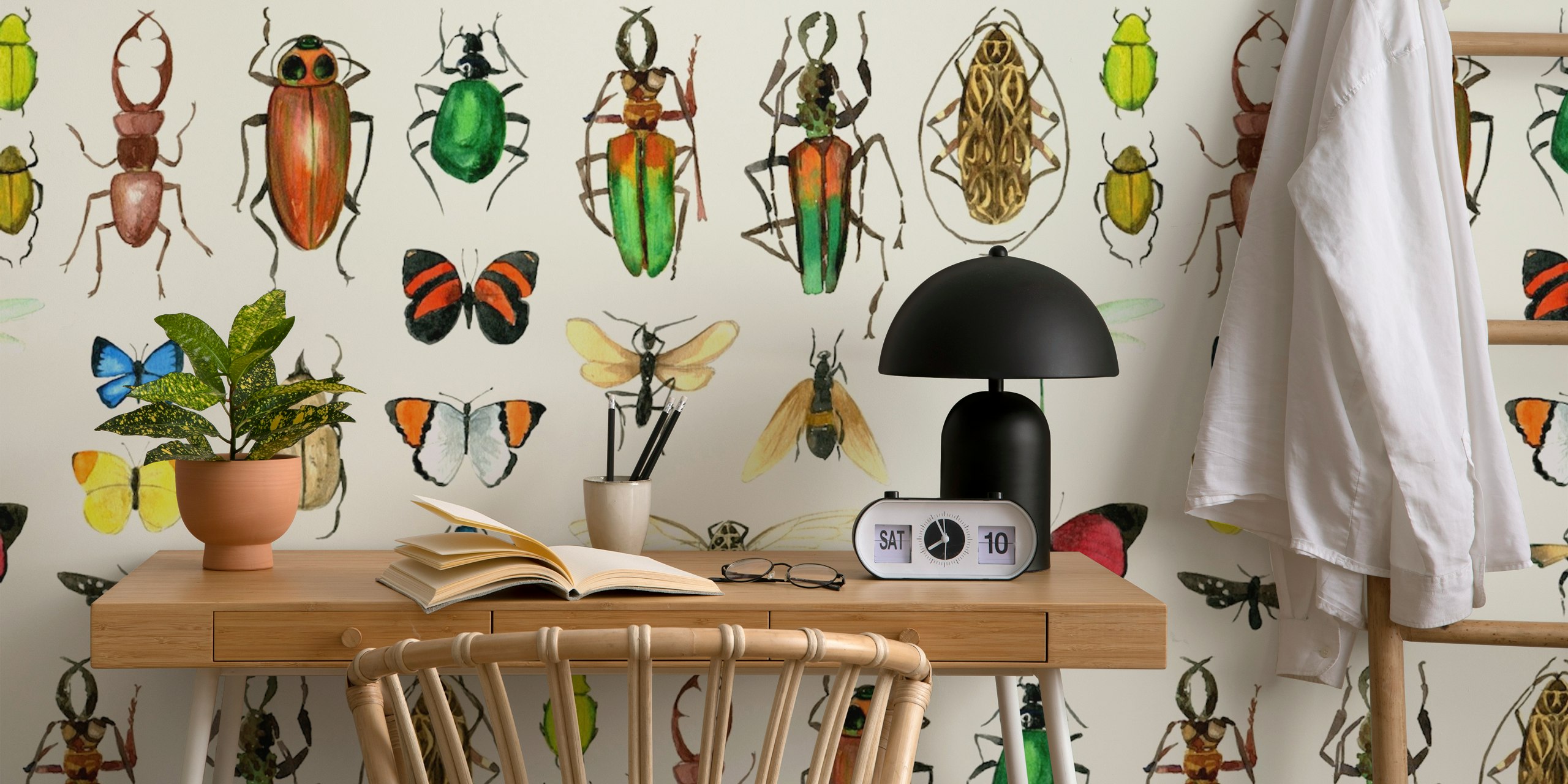 Off white insects wallpaper design in room