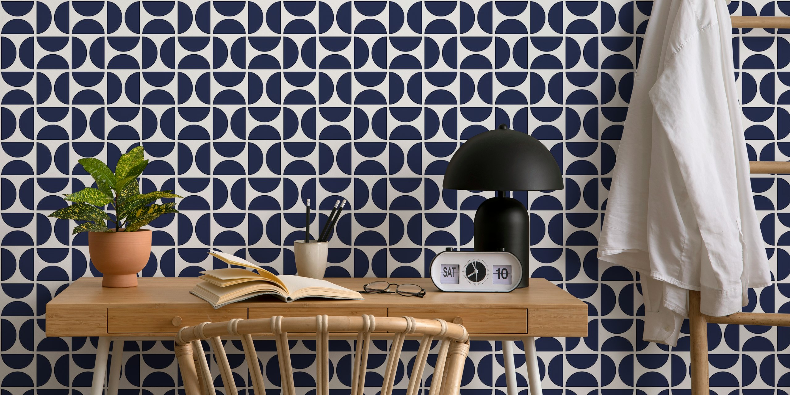 Geometric navy blue blocks on white background wallpaper