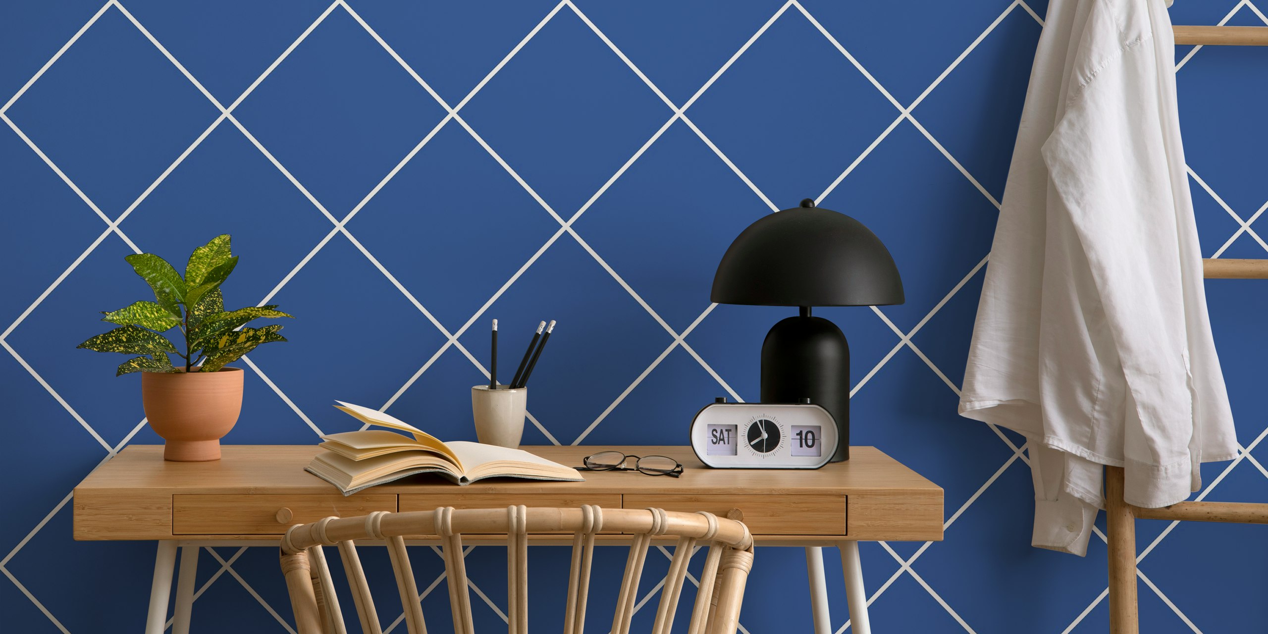 Geometric faux tile pattern in beige and blue wallpaper