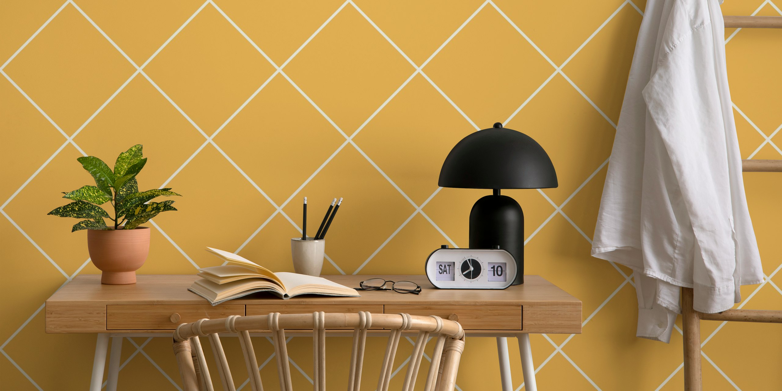 Beige yellow geometric tile pattern wallpaper