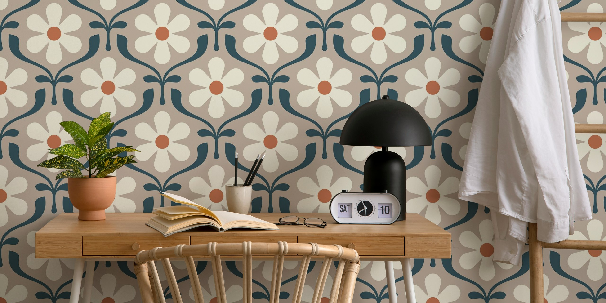Retro Daisy Blooms in Beige wallpaper in a room