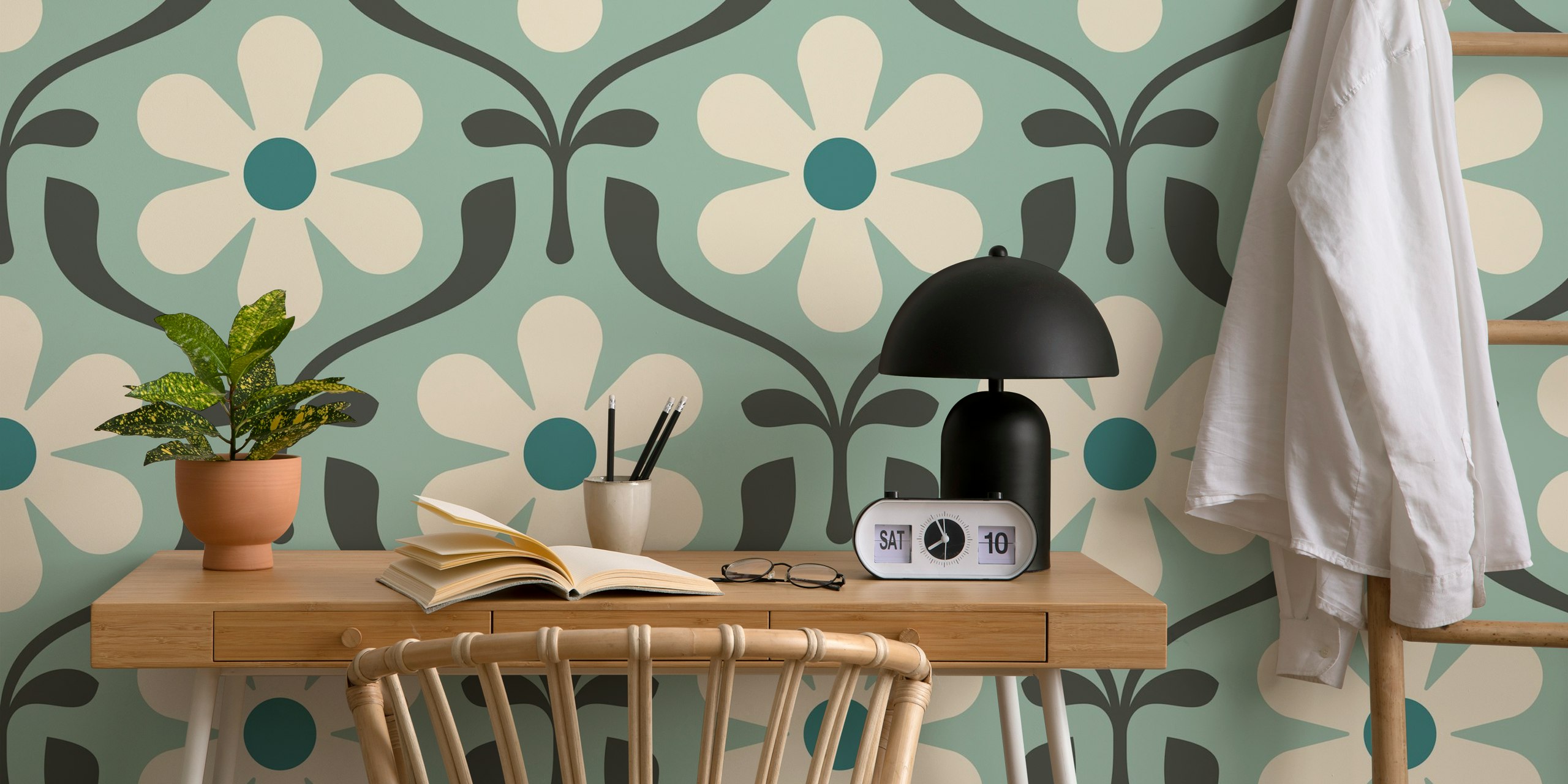 Retro floral pattern in turquoise and cream colors wallpaper