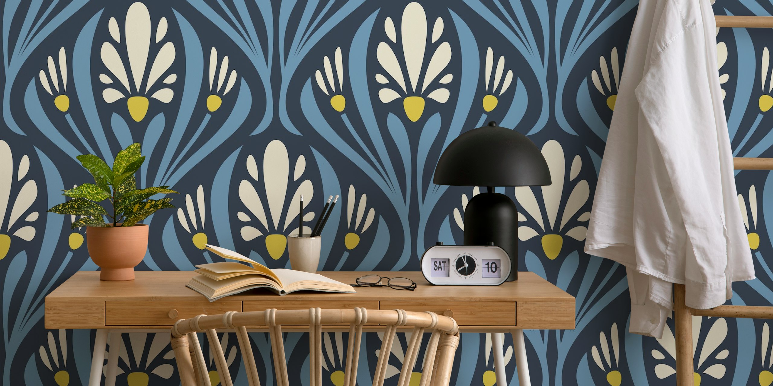 Floral motifs with blue and cream colors in an Art Nouveau style wallpaper