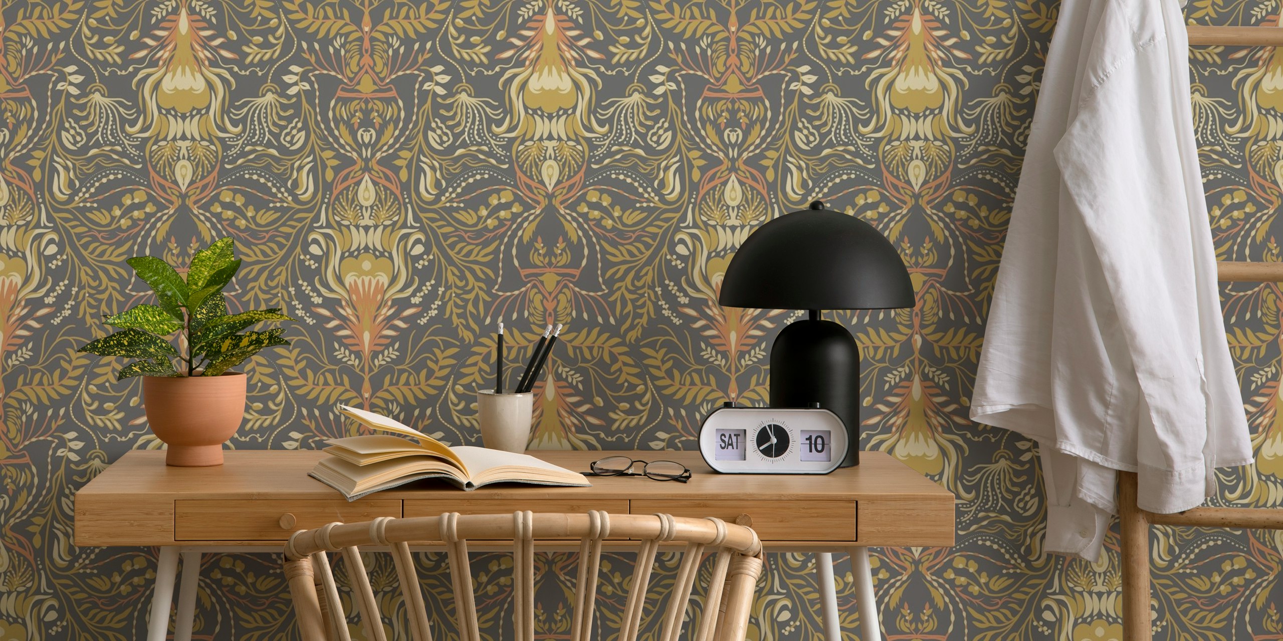 Baroque leaf pattern wallpaper in dark tones with gold and warm hues